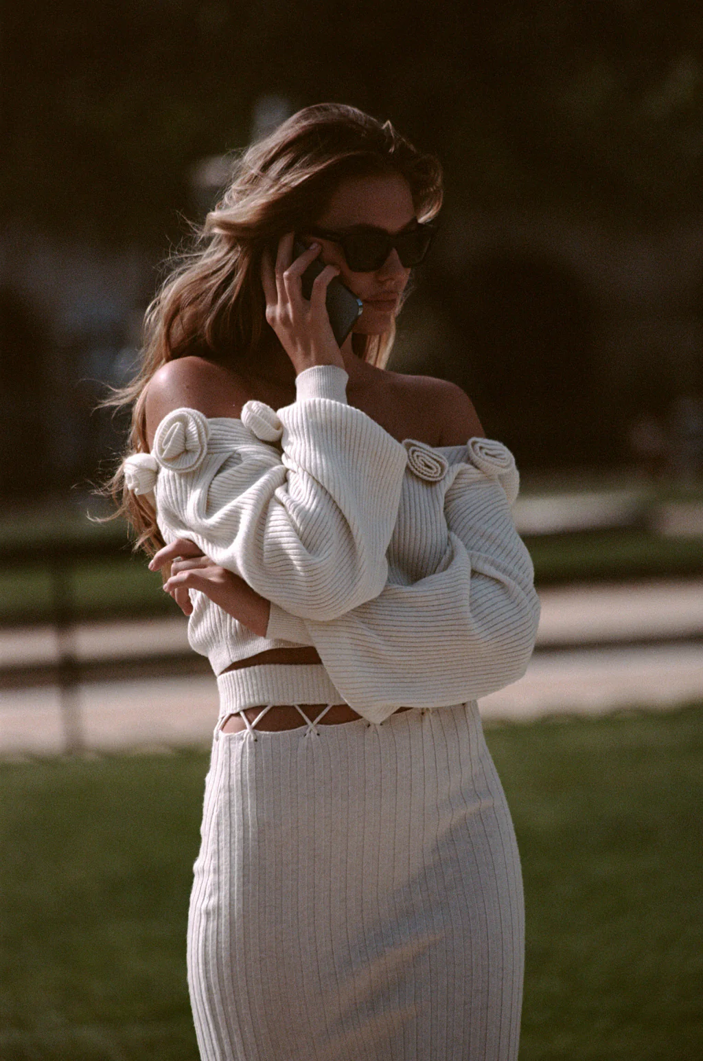 Jupe midi en laine mélangée suspendue à ceinture - beige