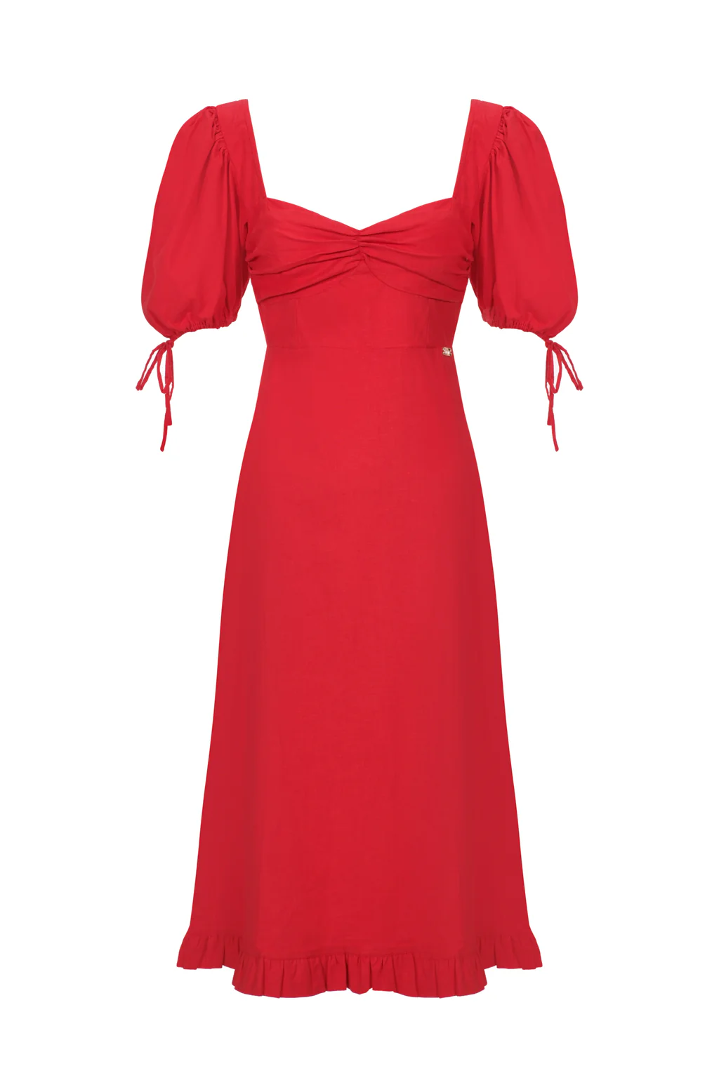 Robe Midi en Lin Stretch Mélangé à Manche Bouffante Rouge