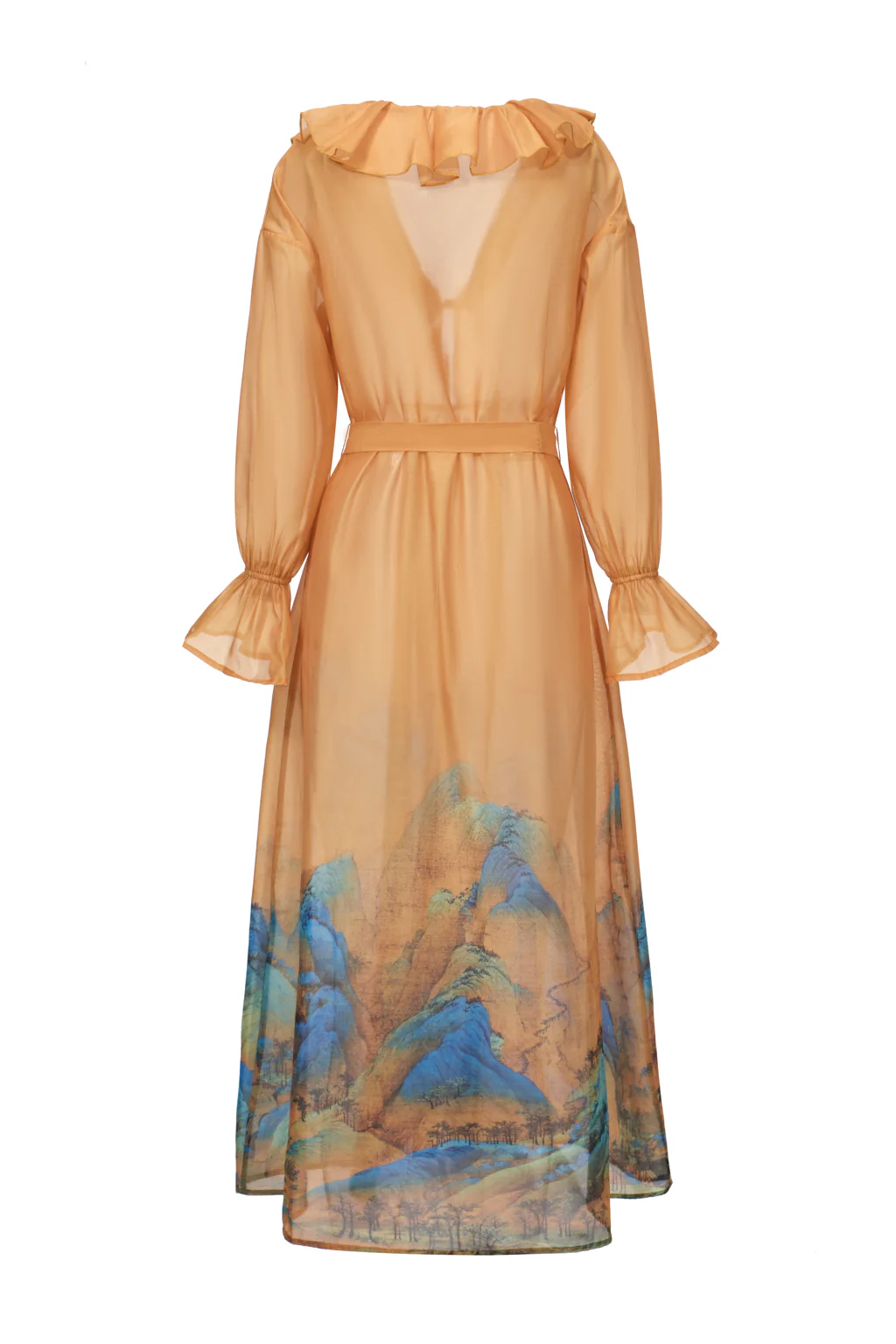 Veste Longue en Crêpe Transparent Imprimé Shan Shui Bleu-Vert