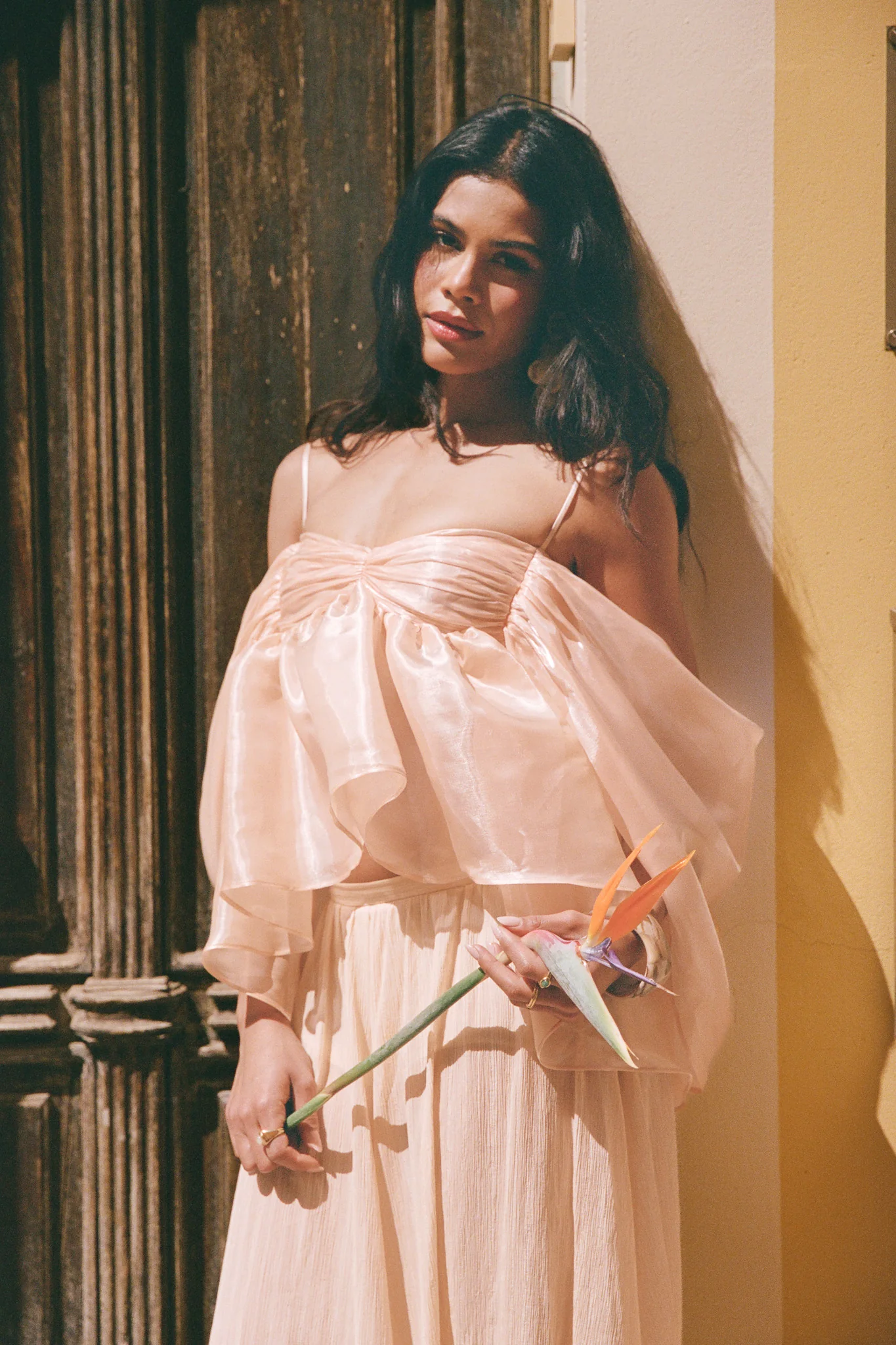 Haut dos nu en organza et à volants - Abricot