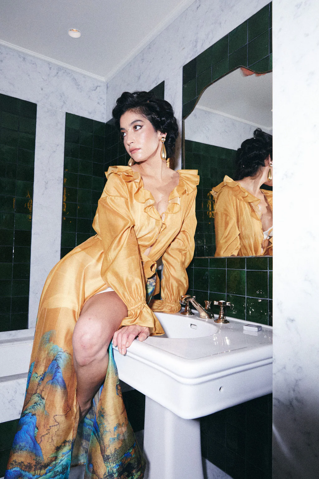 Veste Longue en Crêpe Transparent Imprimé Shan Shui Bleu-Vert