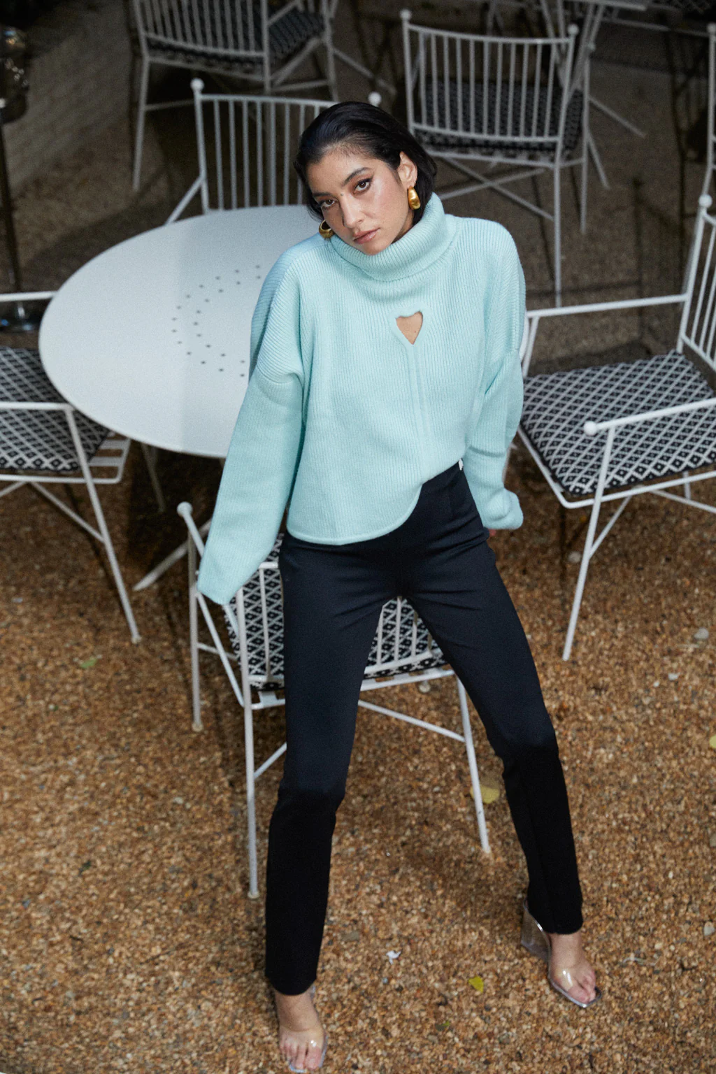 Pull en pur cachemire à découpe coeurs - vert spray