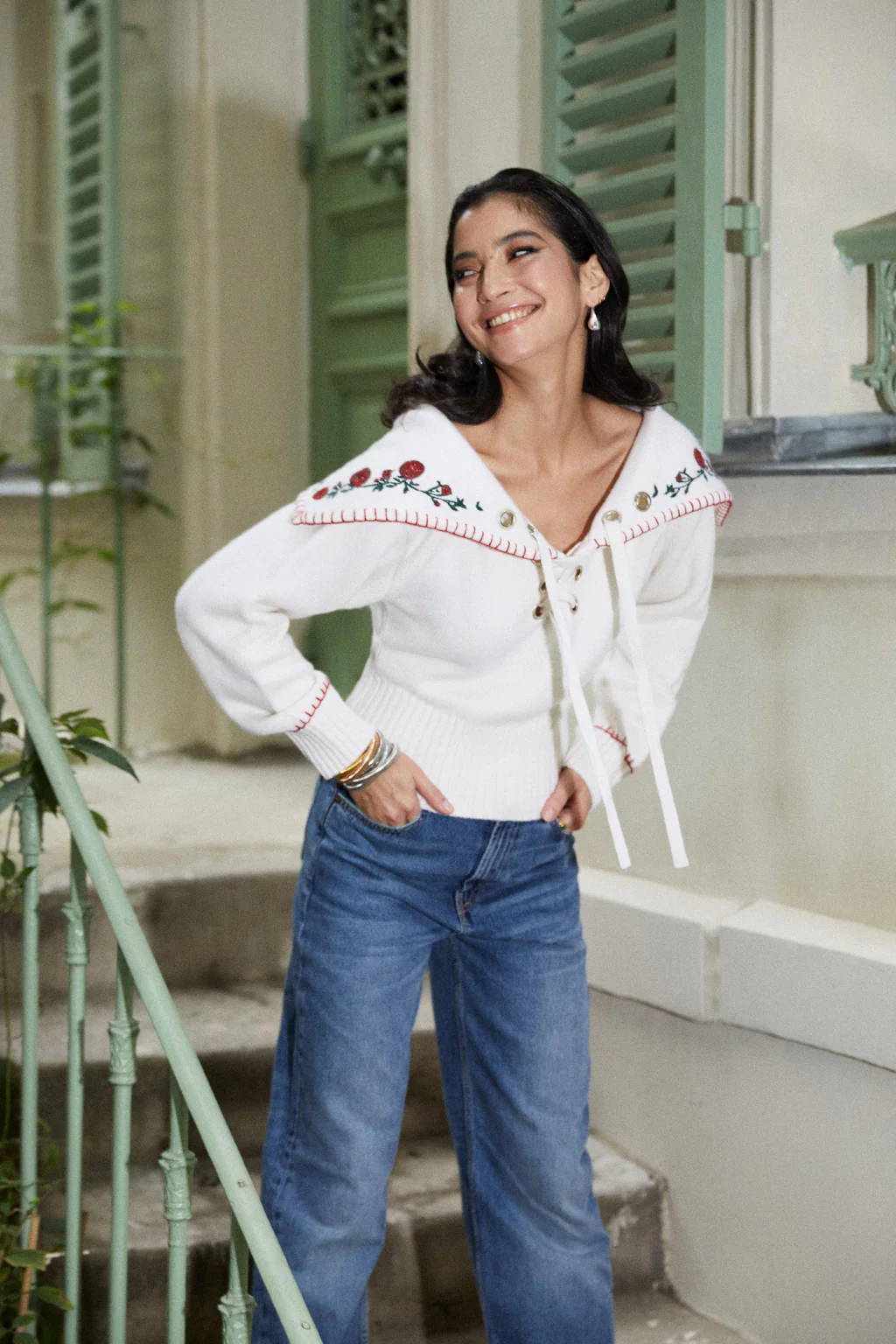 Pull à col brodé en pur cachemire - beige