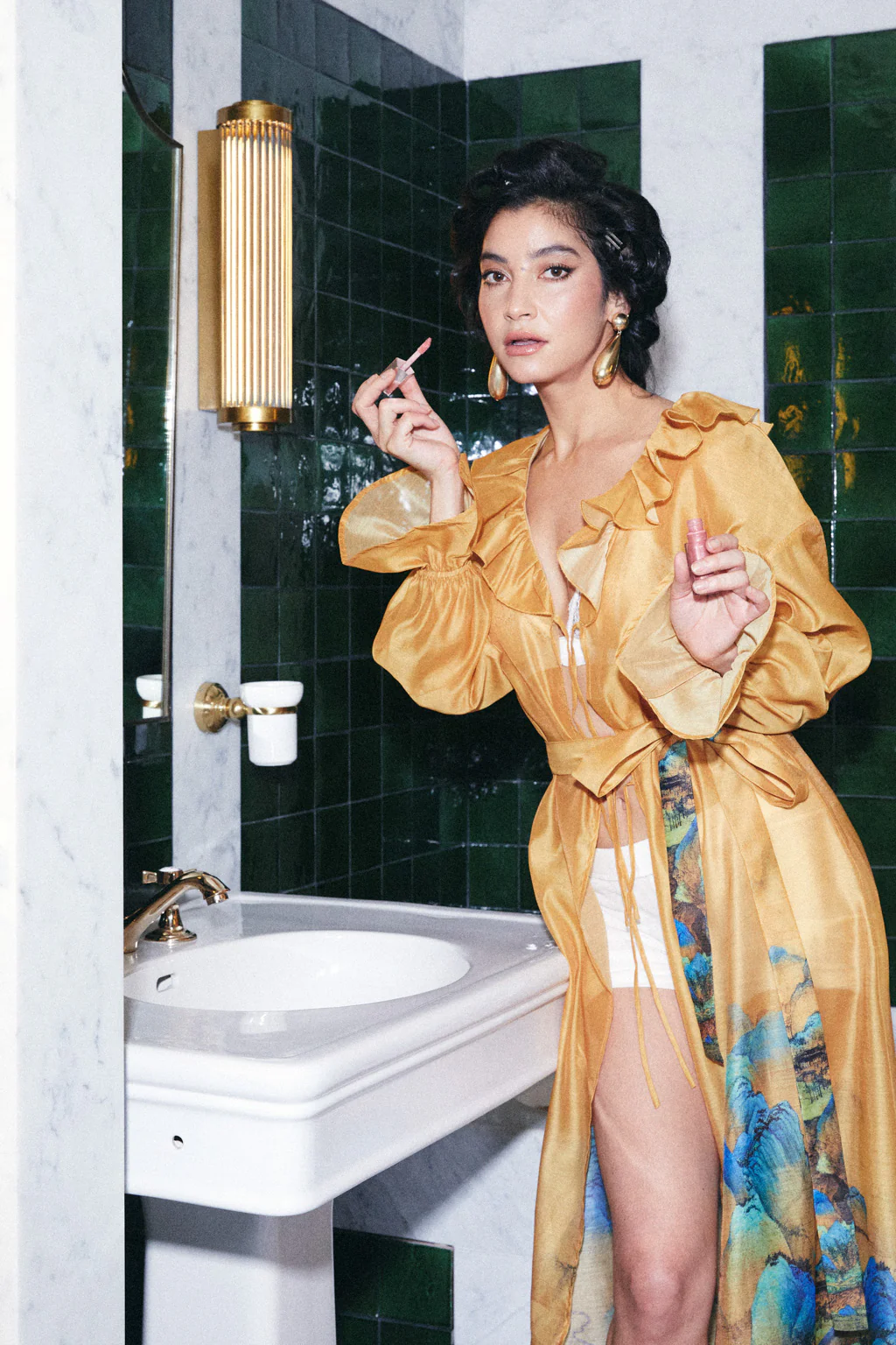 Veste Longue en Crêpe Transparent Imprimé Shan Shui Bleu-Vert