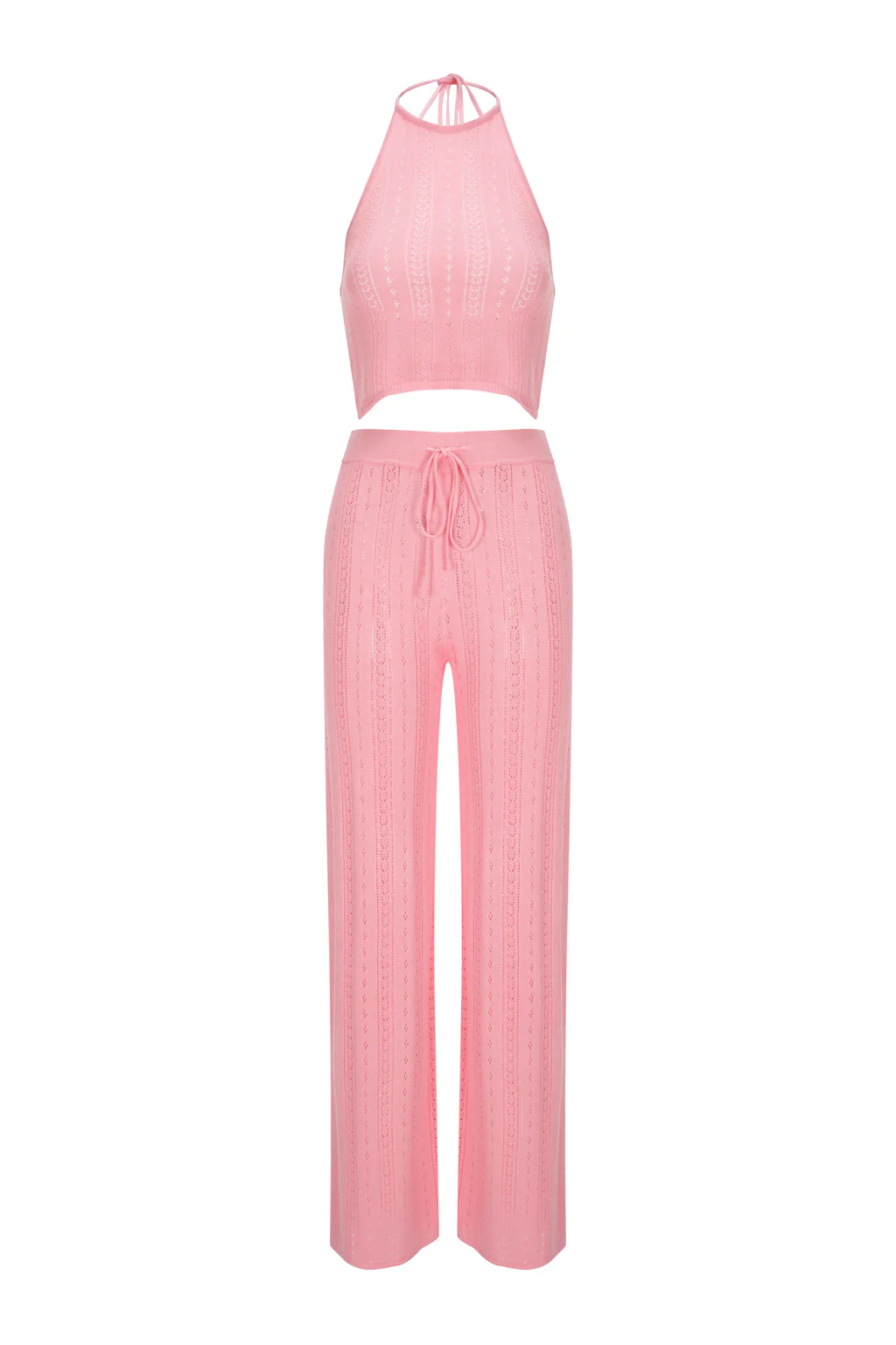 Uniforme en Maille Ajourée Haut Licou et Pantalon Rose Flamingo