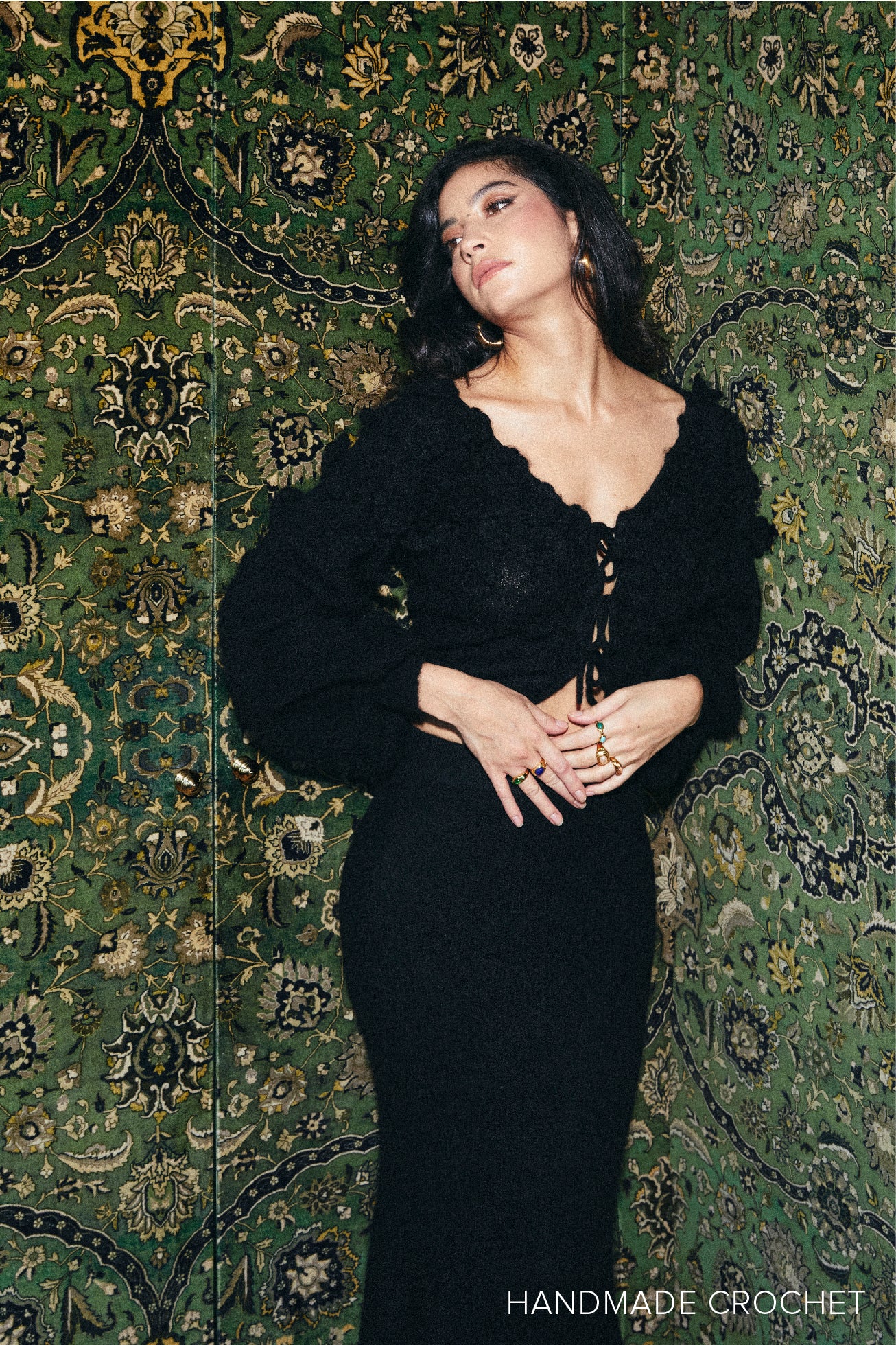 Haut en mohair melangé en crochet à fleurs à lacet - noir