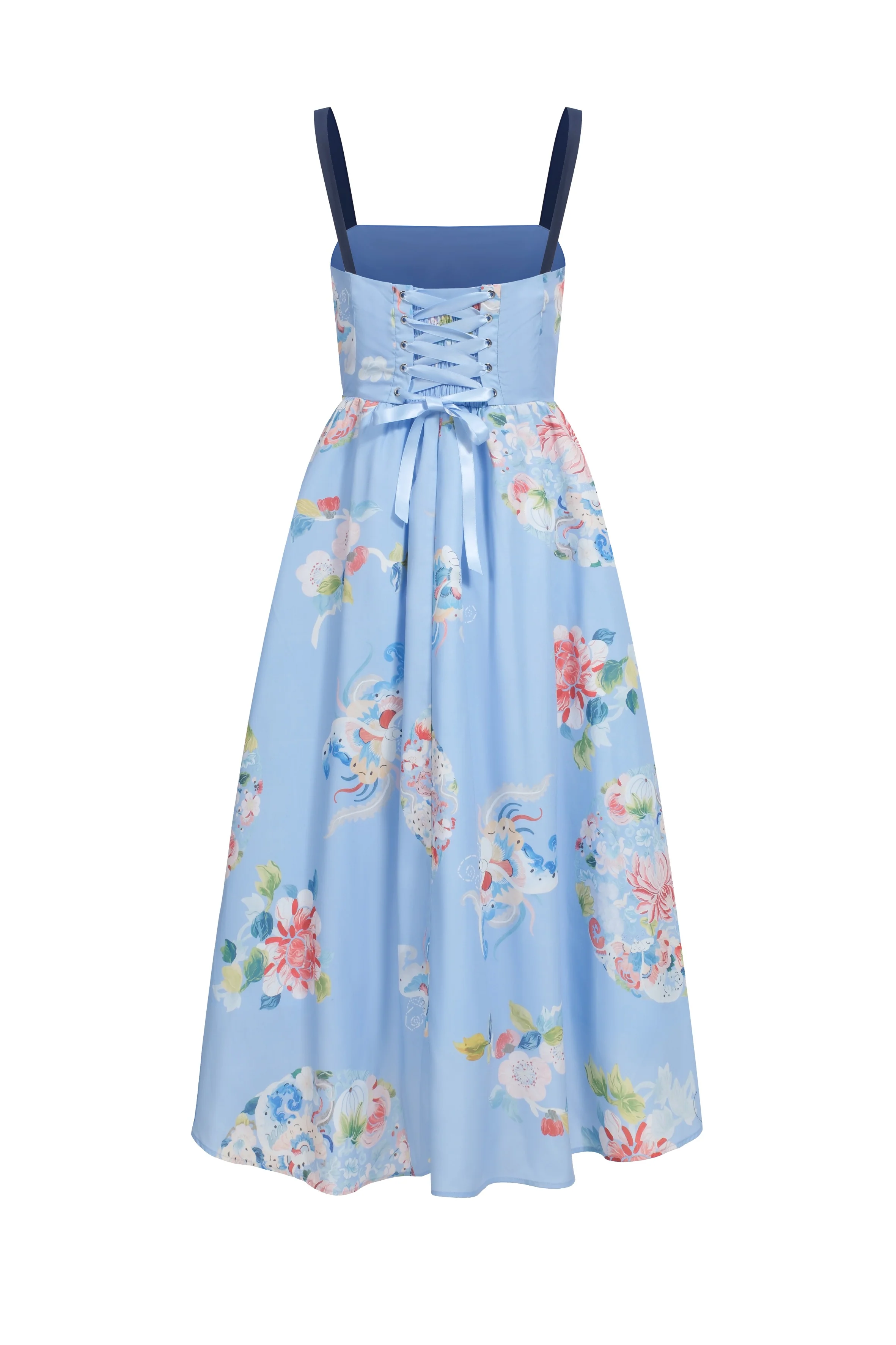Robe midi à lacets et à imprimé fleuri - Bleu