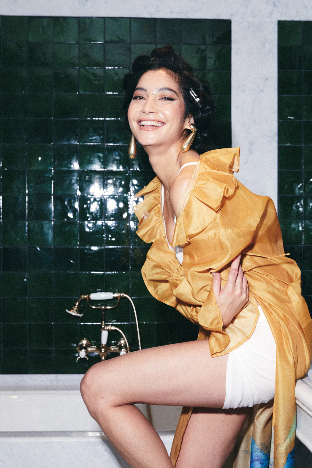 Veste Longue en Crêpe Transparent Imprimé Shan Shui Bleu-Vert