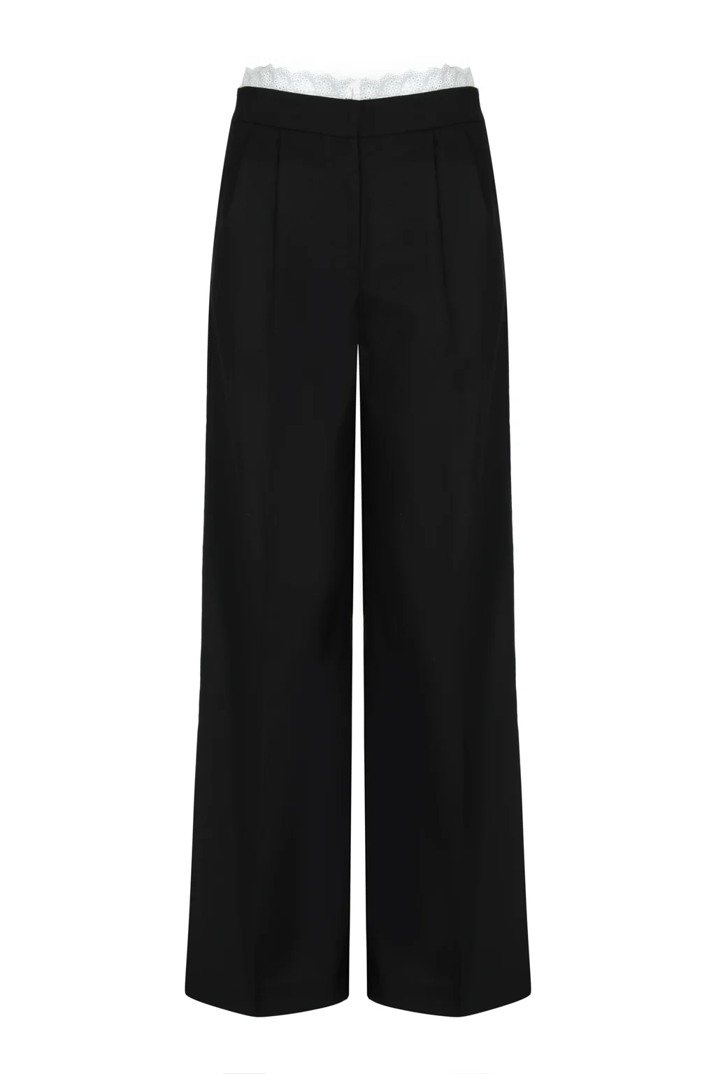 Pantalon Droit Trompe-l'œil Orné Dentelle Noir