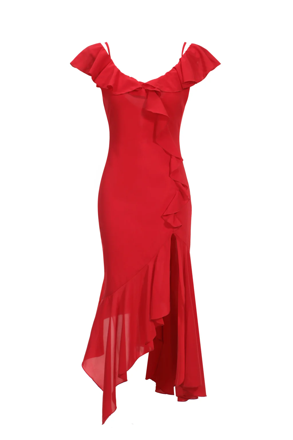Robe Midi en Chiffon à Volants Asymétriques Rouge