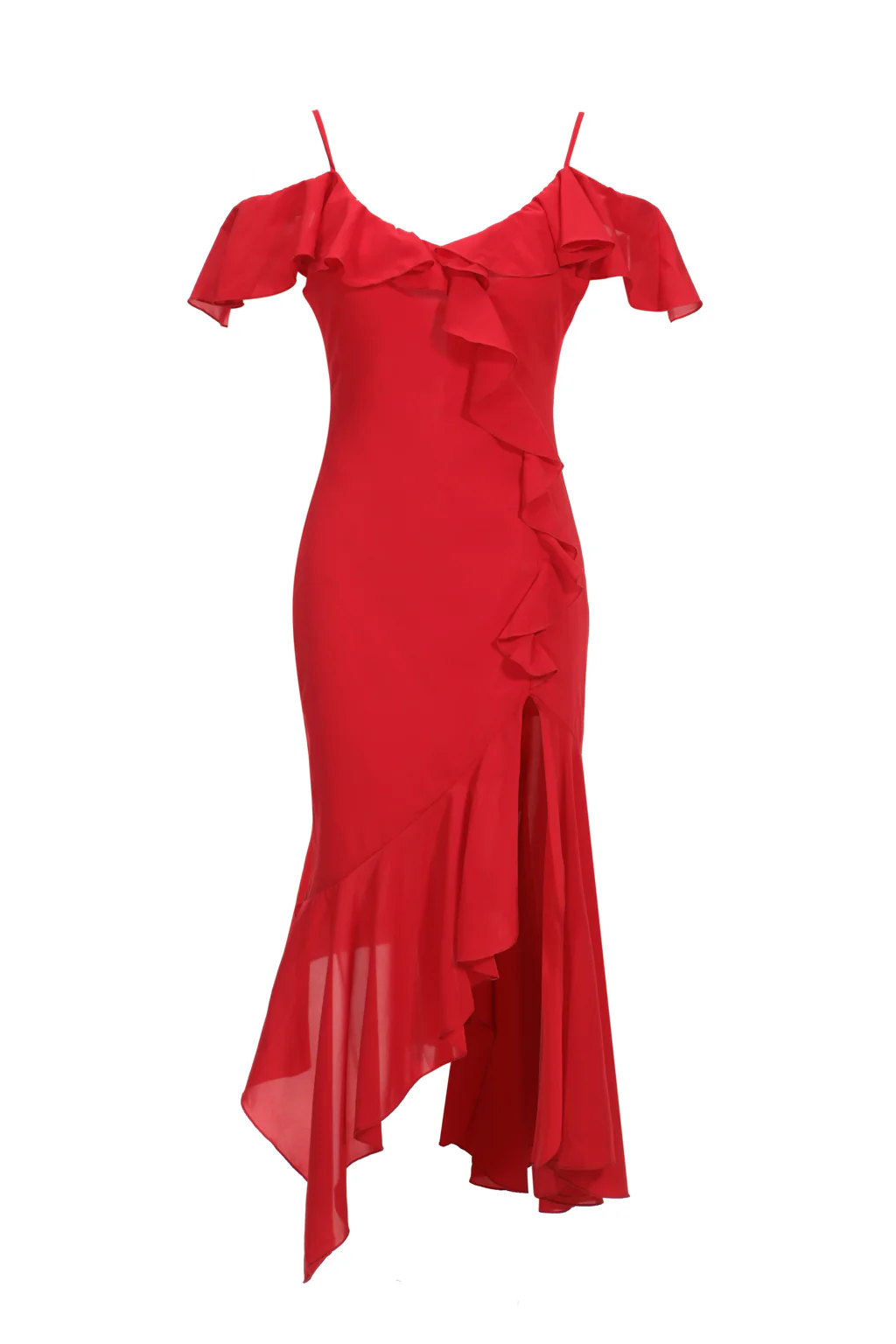 Robe Midi en Chiffon à Volants Asymétriques Rouge