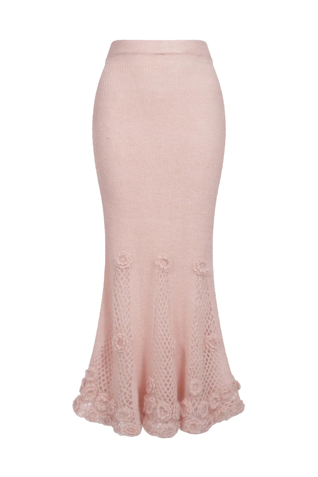 Jupe longue en mohair melangé en crochet à fleurs - beige rosé