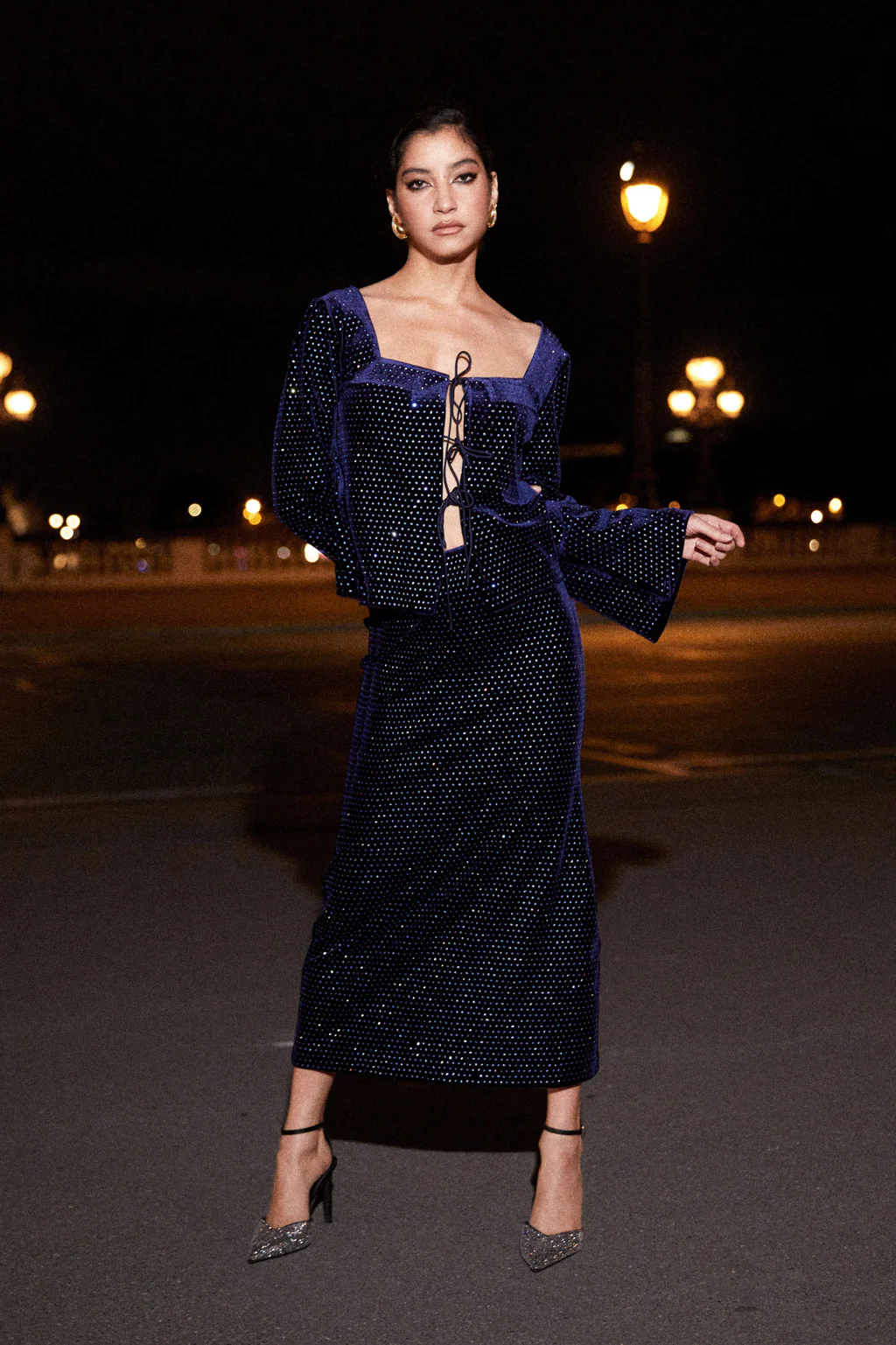 Jupe midi en velours à cristaux - bleu palace