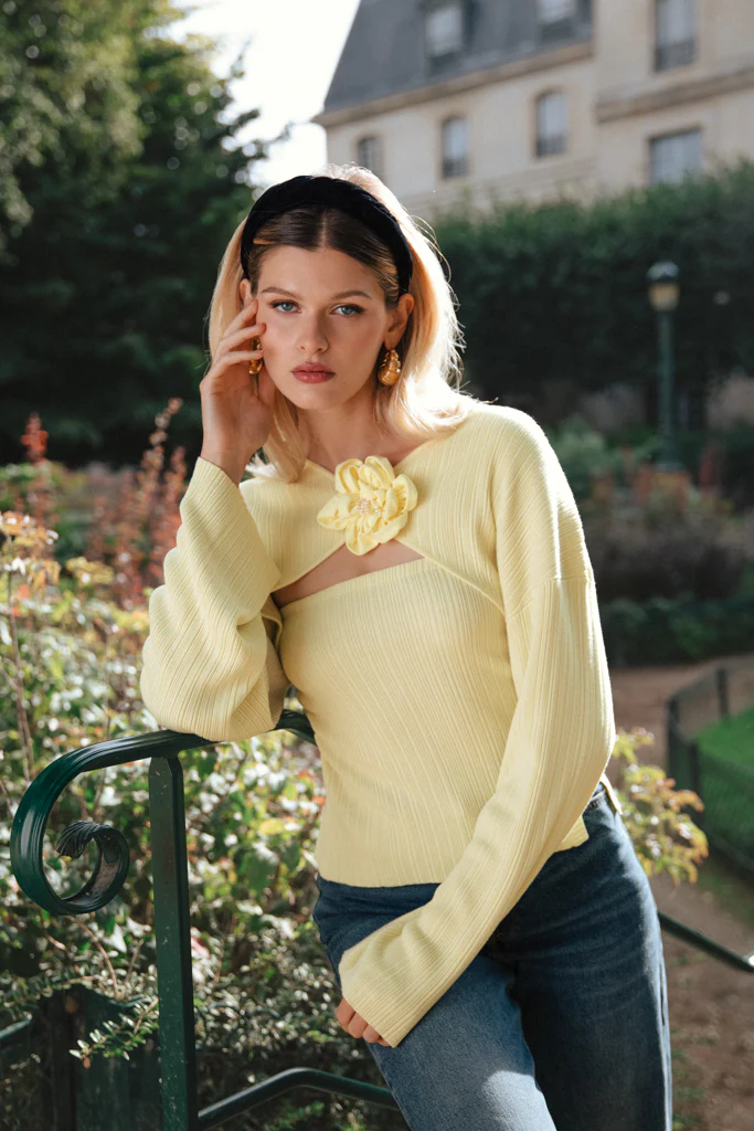 Twin set côtelé avec fleur - Jaune
