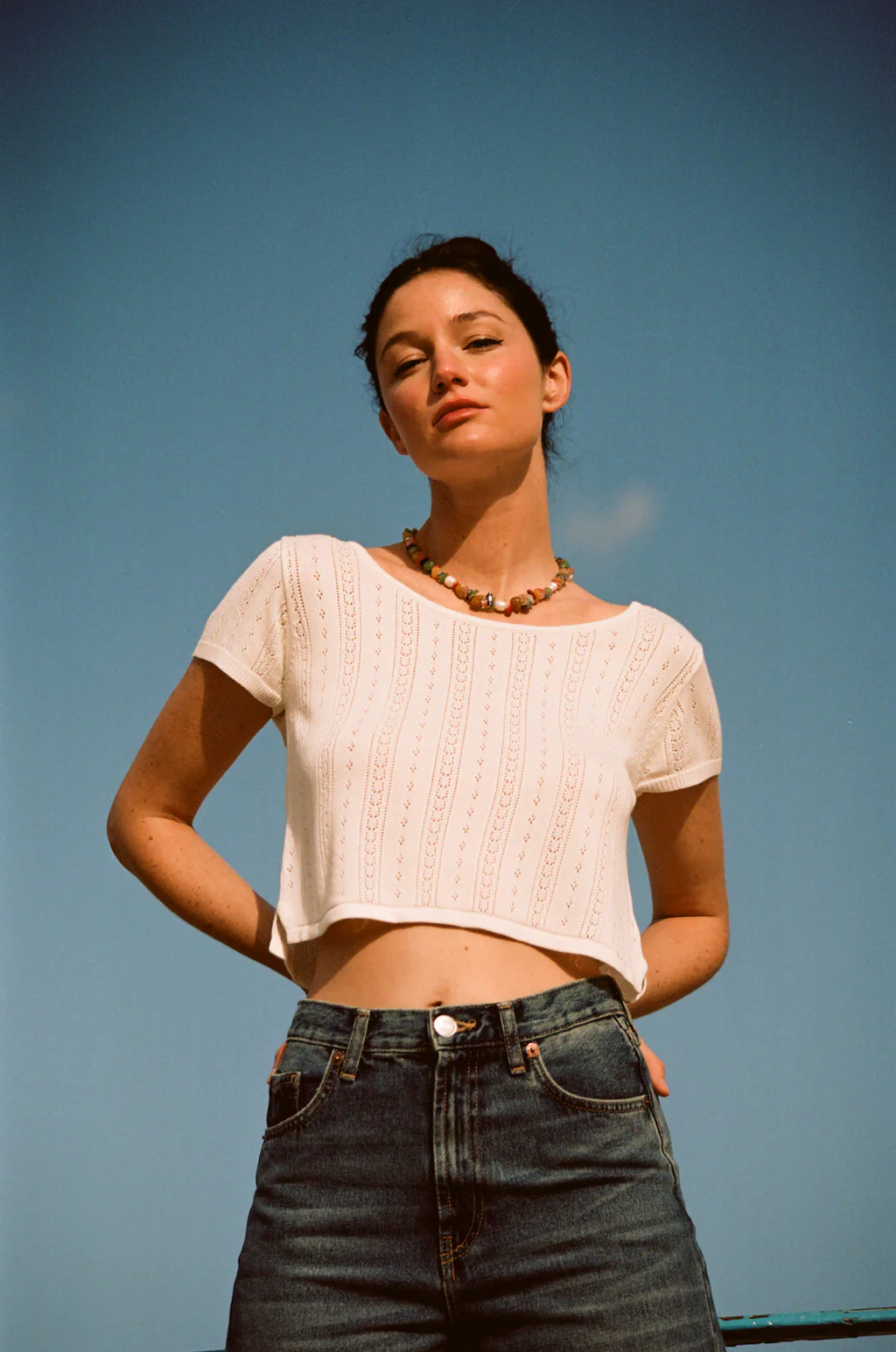 T-shirt en Maille Ajourée Blanc Cassé