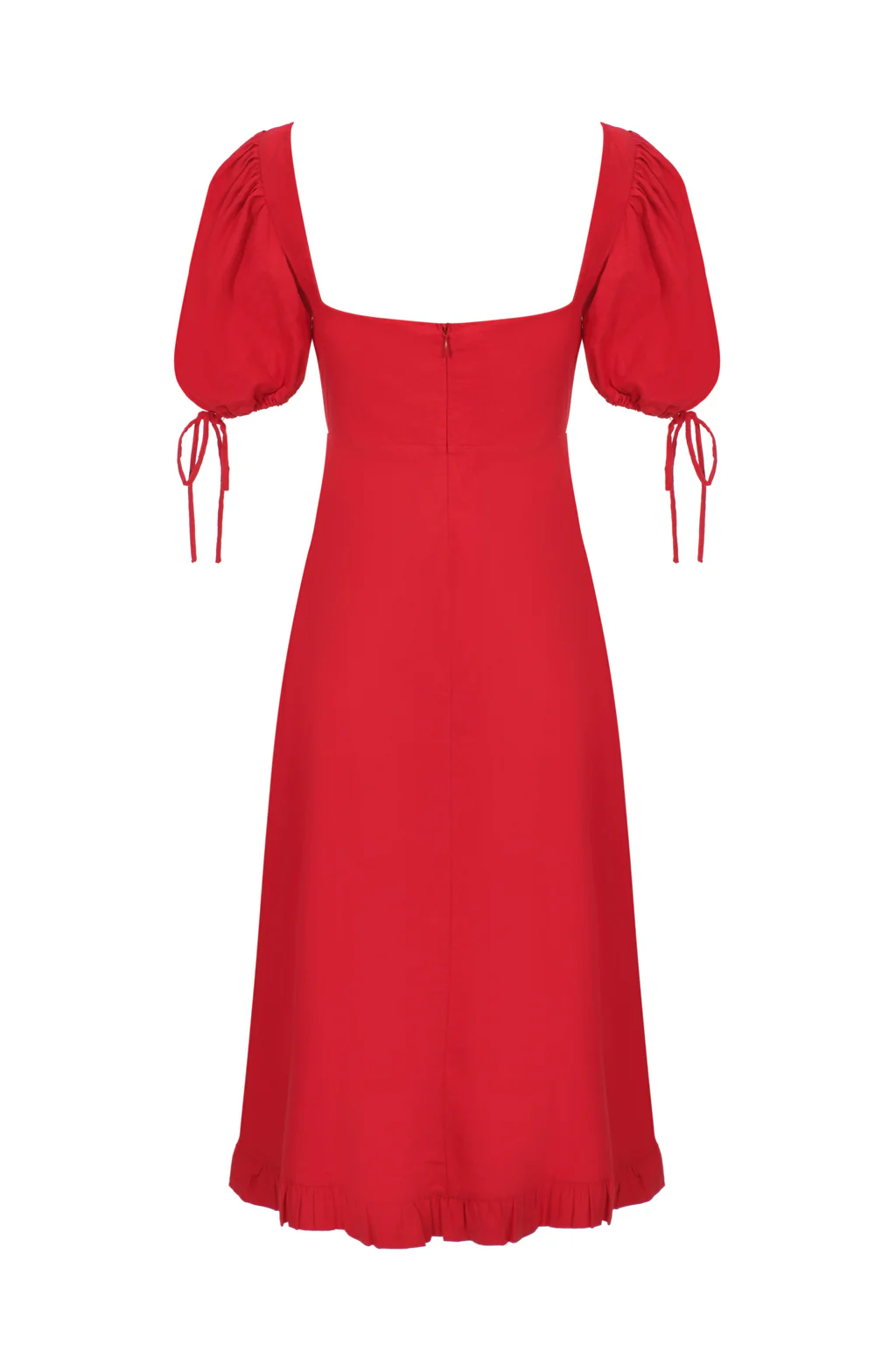 Robe Midi en Lin Stretch Mélangé à Manche Bouffante Rouge