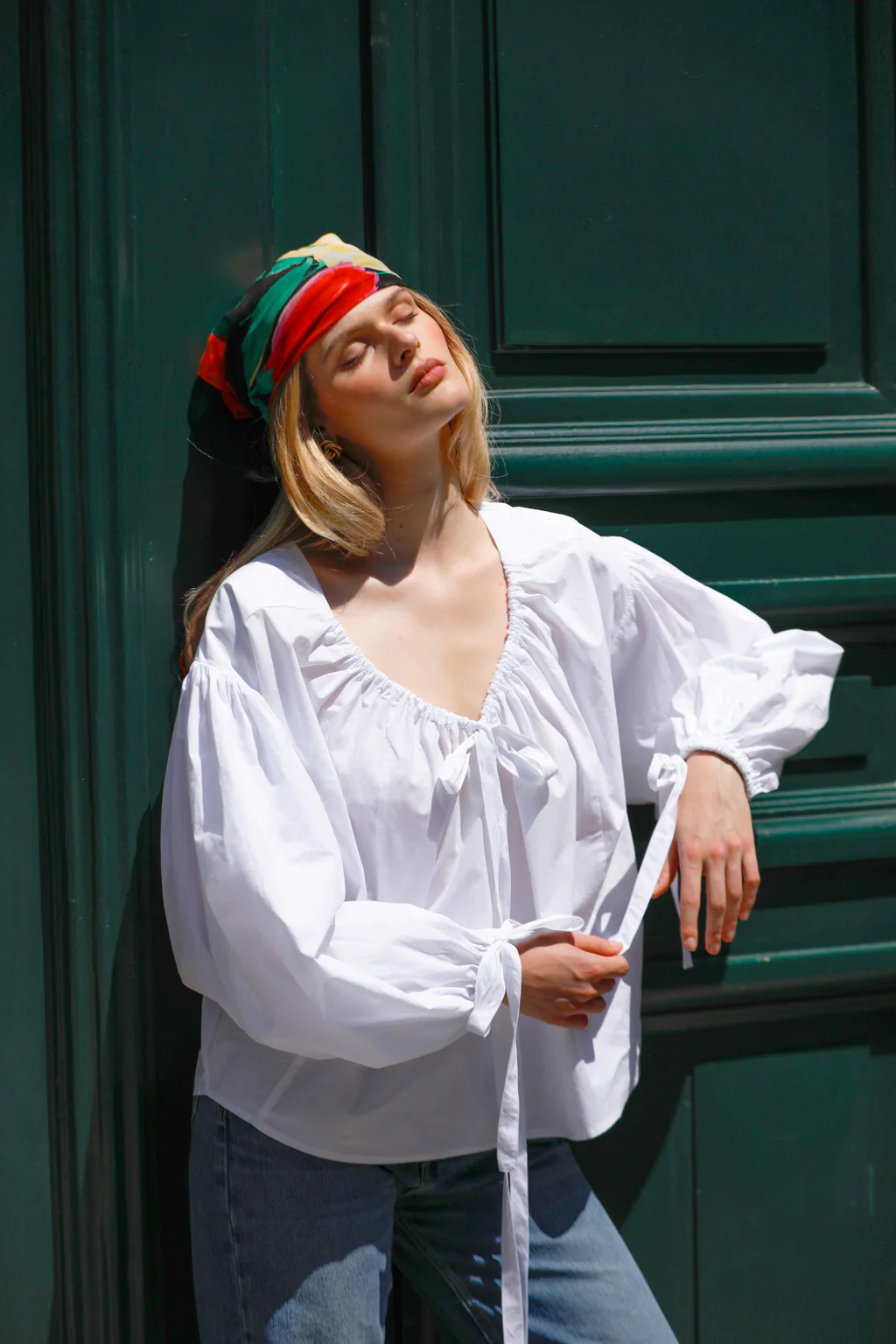 Blouse en popeline de coton à liens - Blanc