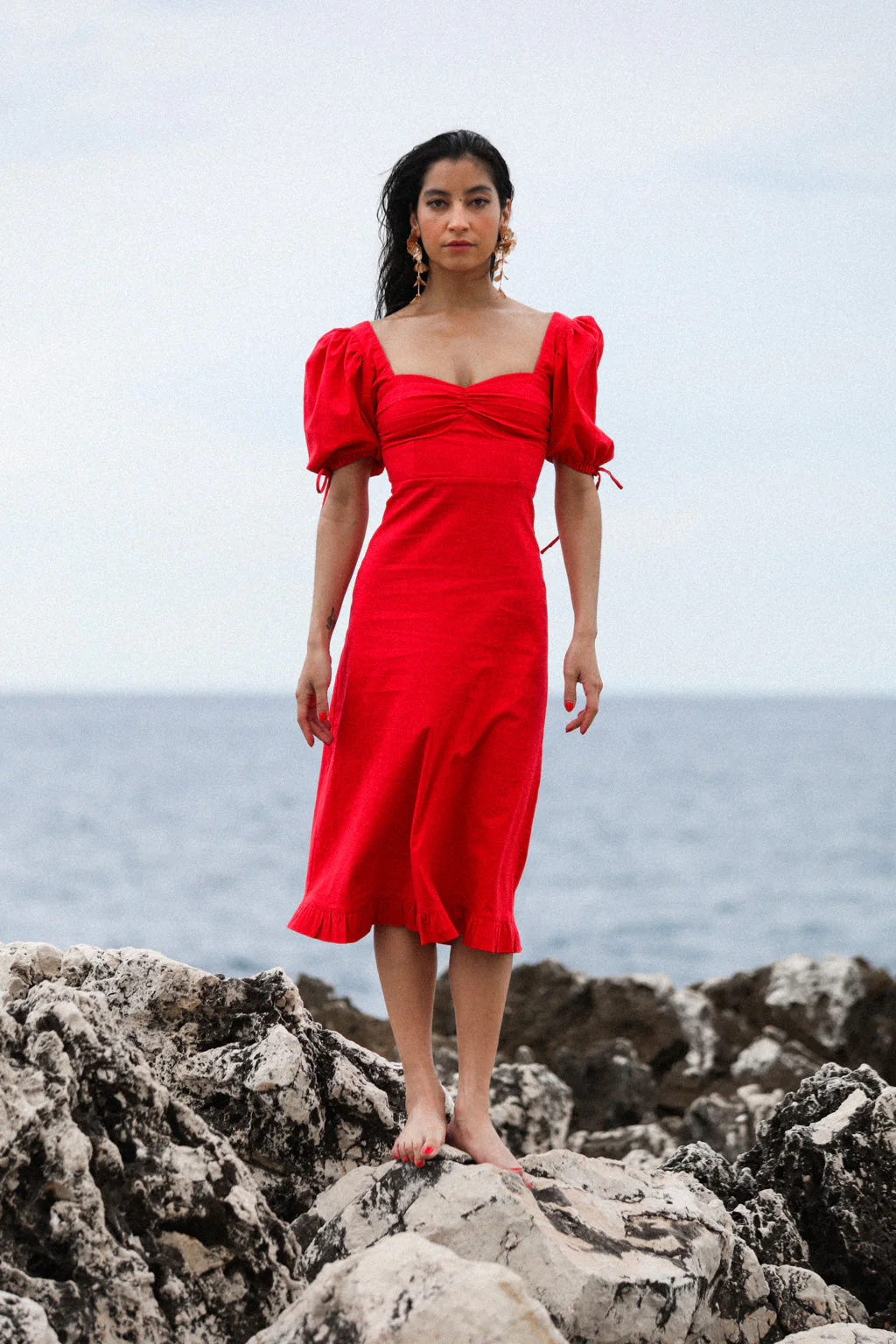 Robe Midi en Lin Stretch Mélangé à Manche Bouffante Rouge