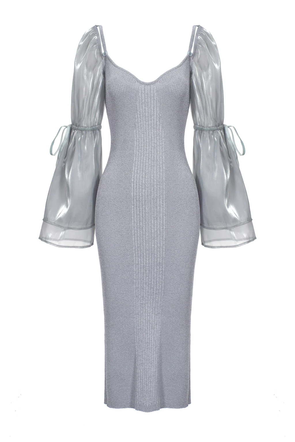 Robe en maille réfléchissante avec manche amovible en organza - gris opale