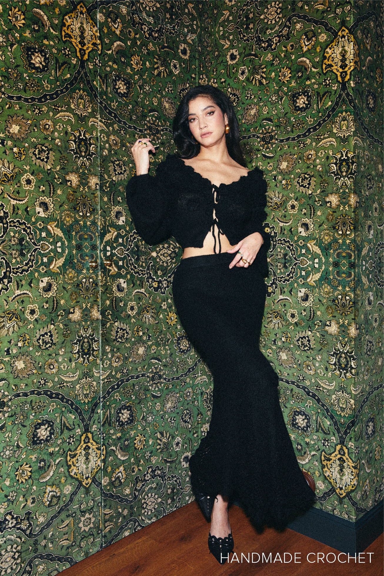 Jupe longue en mohair melangé en crochet à fleurs - noir