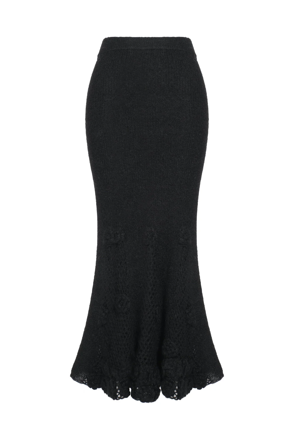 Jupe longue en mohair melangé en crochet à fleurs - noir