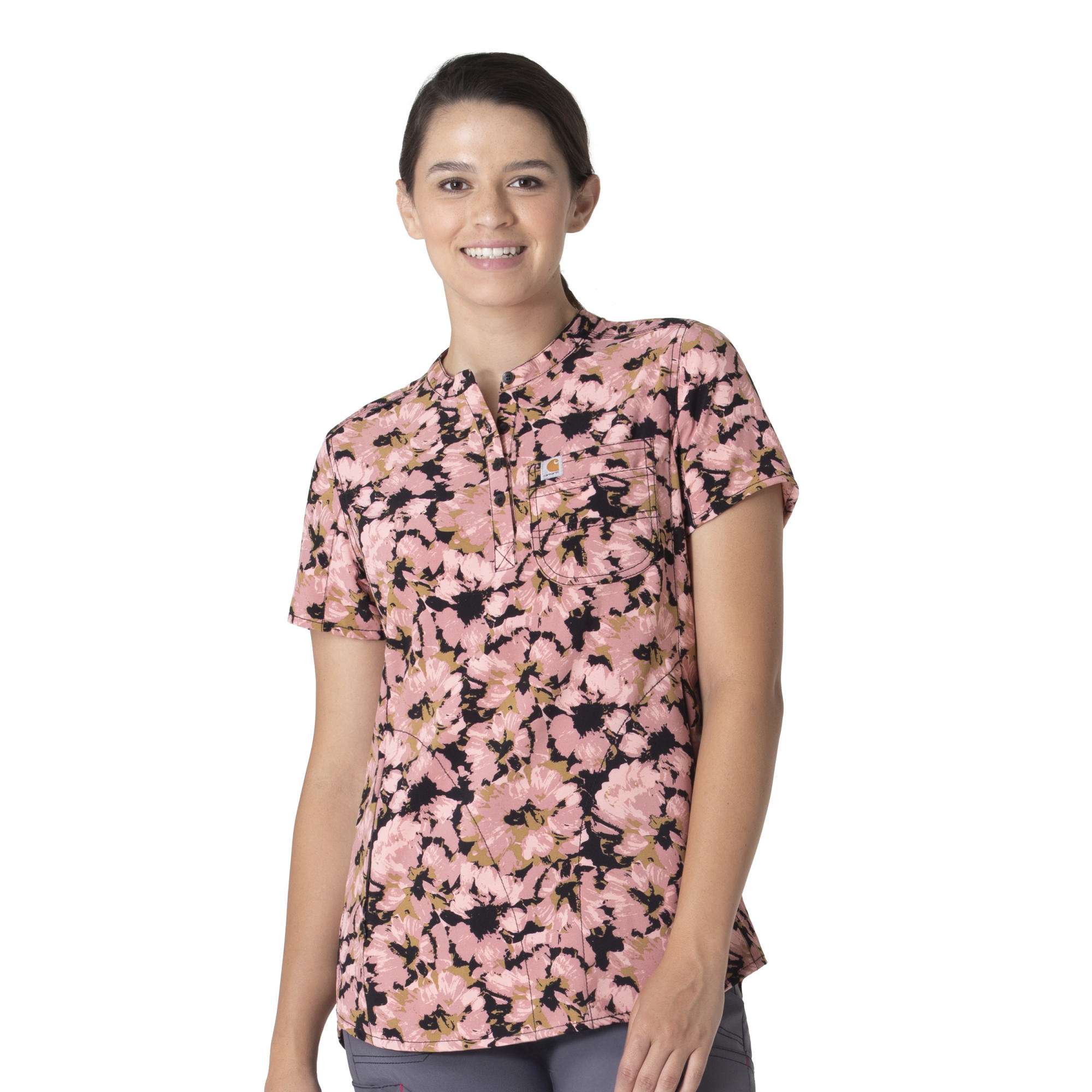 Women's Carhartt Force Cross-Flex Modern Fit Henley Print Tunic Scrub Top - Carhartt Outlet