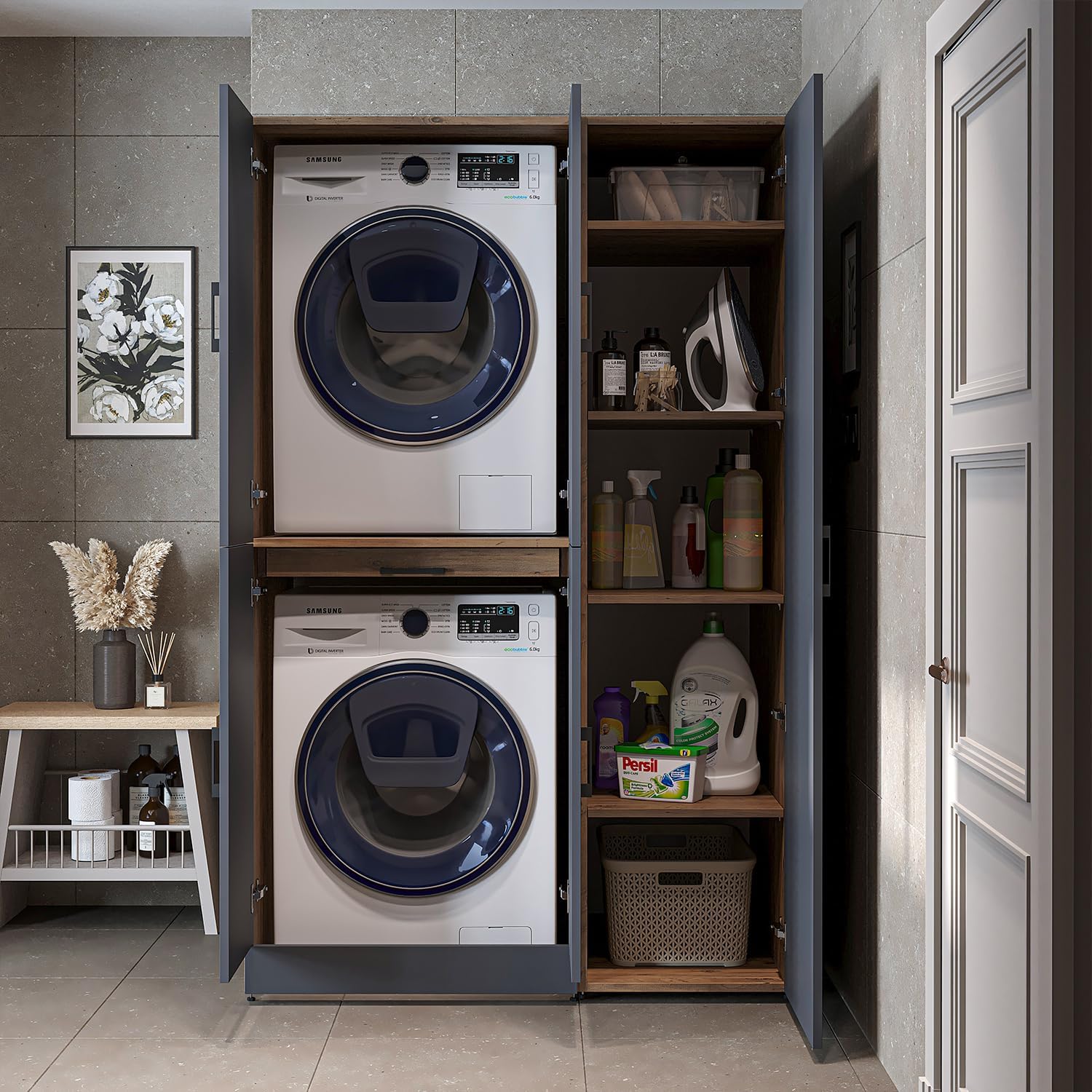 ROOMART Dora - Armoire de machine à laver - Pour sèche-linge et machine à laver - En 4 couleurs - Avec portes et panneau coulissant - Blanc - Chêne blanc - Chêne anthracite - Chêne blanc (chêne blanc)