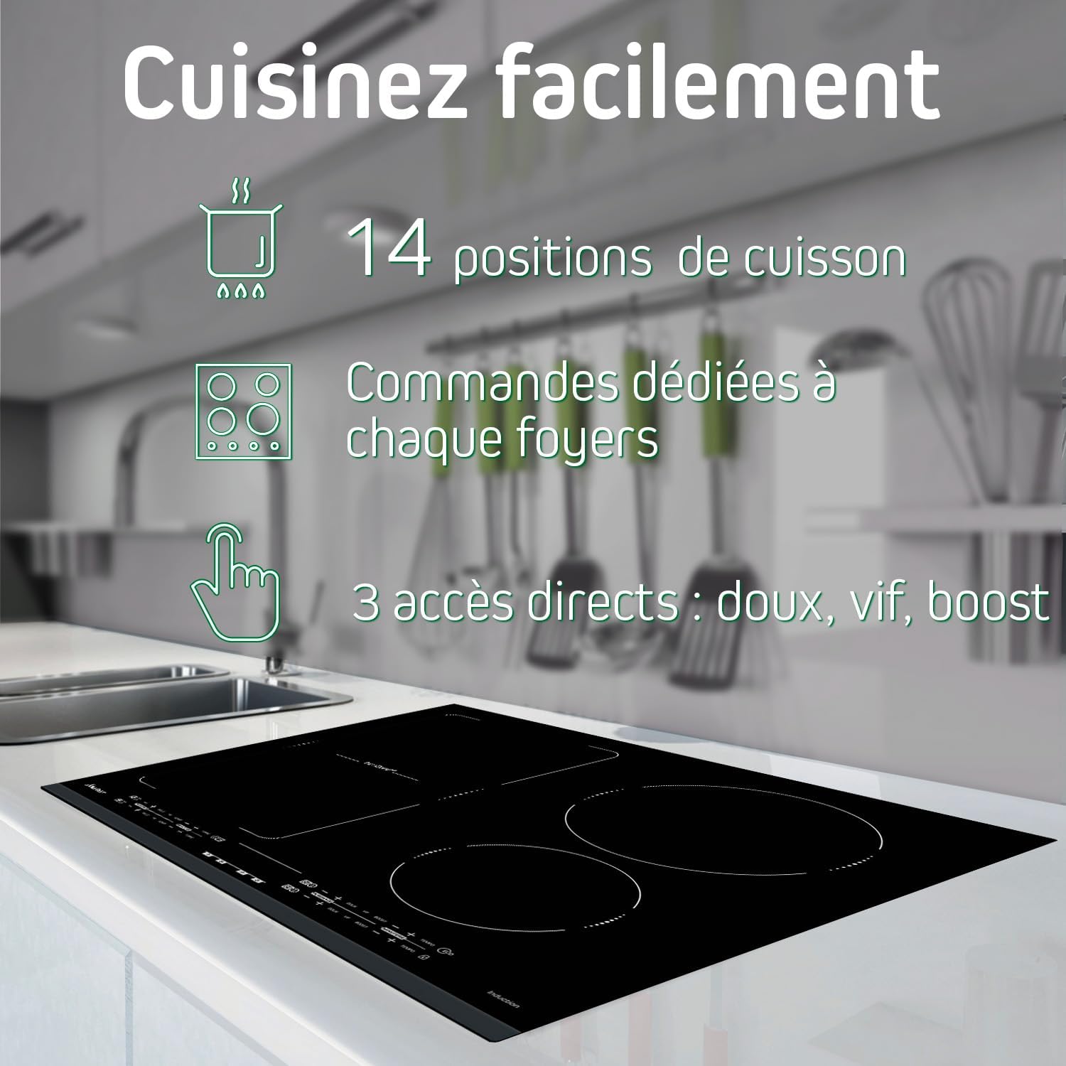 Sauter - SPI4360W - Plaque Induction - Table de Cuisson Encastrable - Blanc - 3 Foyers - 7200W - Dimensions Encastrement : 56x49cm - Grand Foyer 28 cm et 14 Positions Cuissons - Fabriqué en France