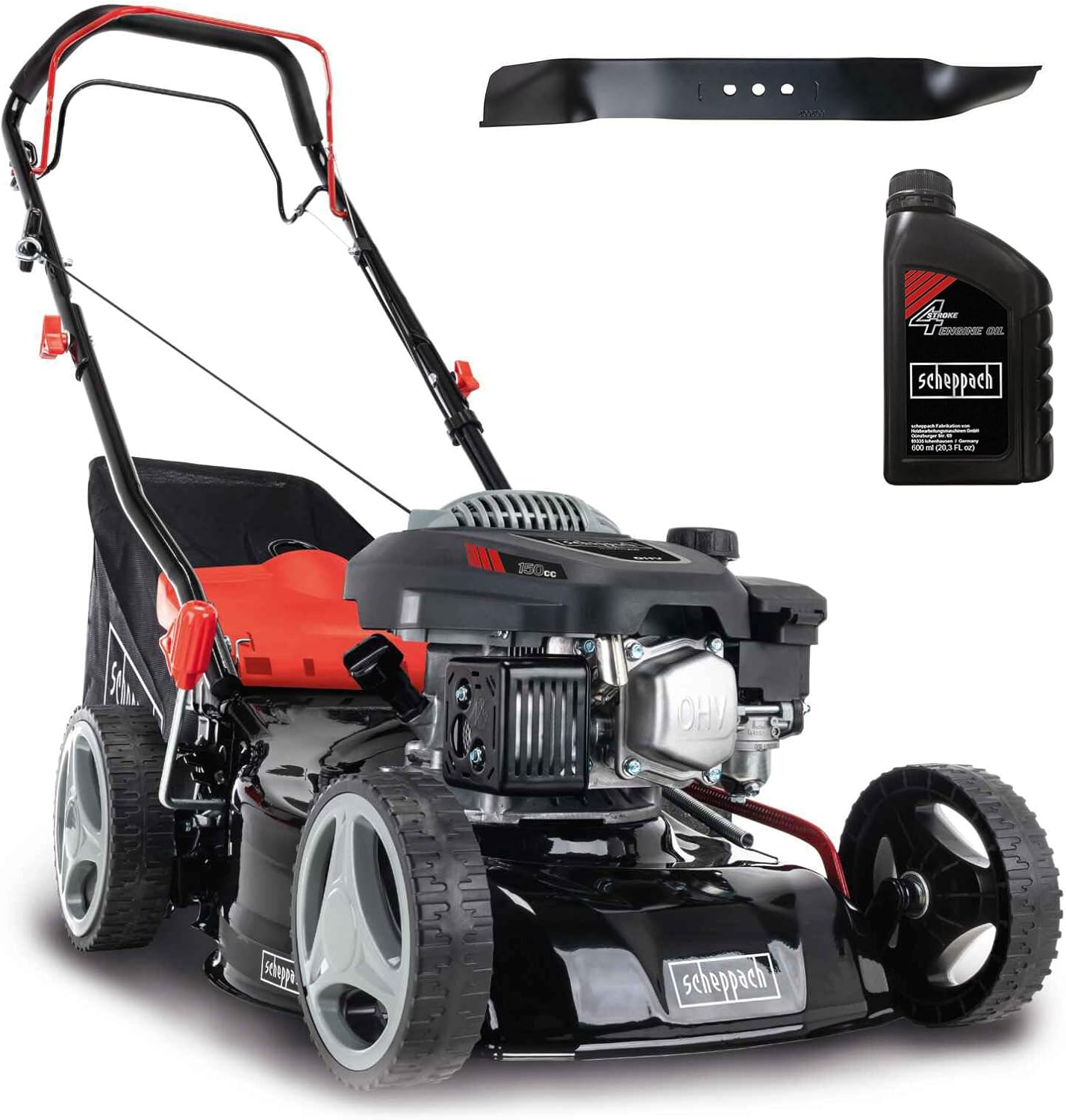 Scheppach Tondeuse à Gazon Thermique MS150-42 | Autotractée - 3,7 CV | Largeur de Coupe 42cm | Raccord Rapide de Nettoyage | Panier 45L | Hauteur - 7 Niveaux | Lame supp. + Huile Incluse