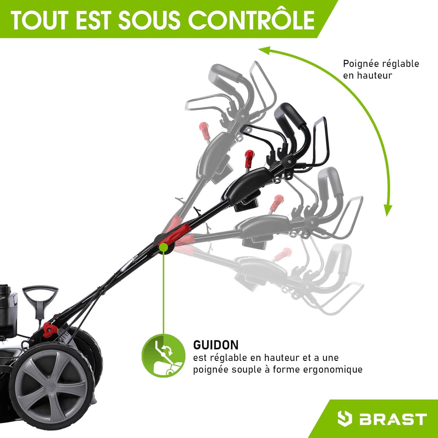 BRAST tondeuse thermique 3 roues TRIKE E-START 224cc 53cm tractée démarrage électrique mulching 4en1 capot en tôle en acier 60l - moteur 4 temps de la marque française GT reglable