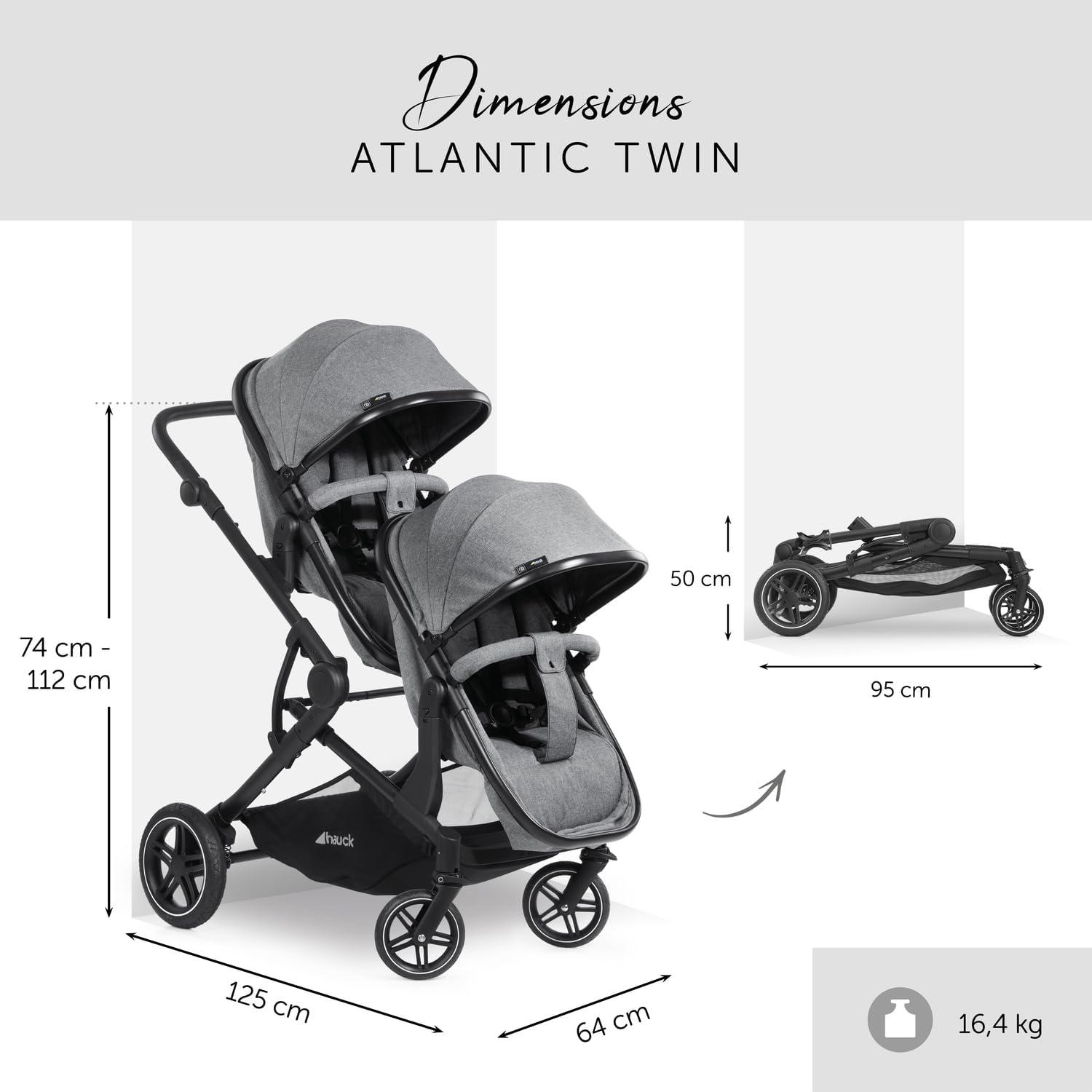 hauck Poussette Double Atlantic Twin - Tandem pour 2 Enfants avec Nacelles 2en1 et Sièges - Gris Mélange