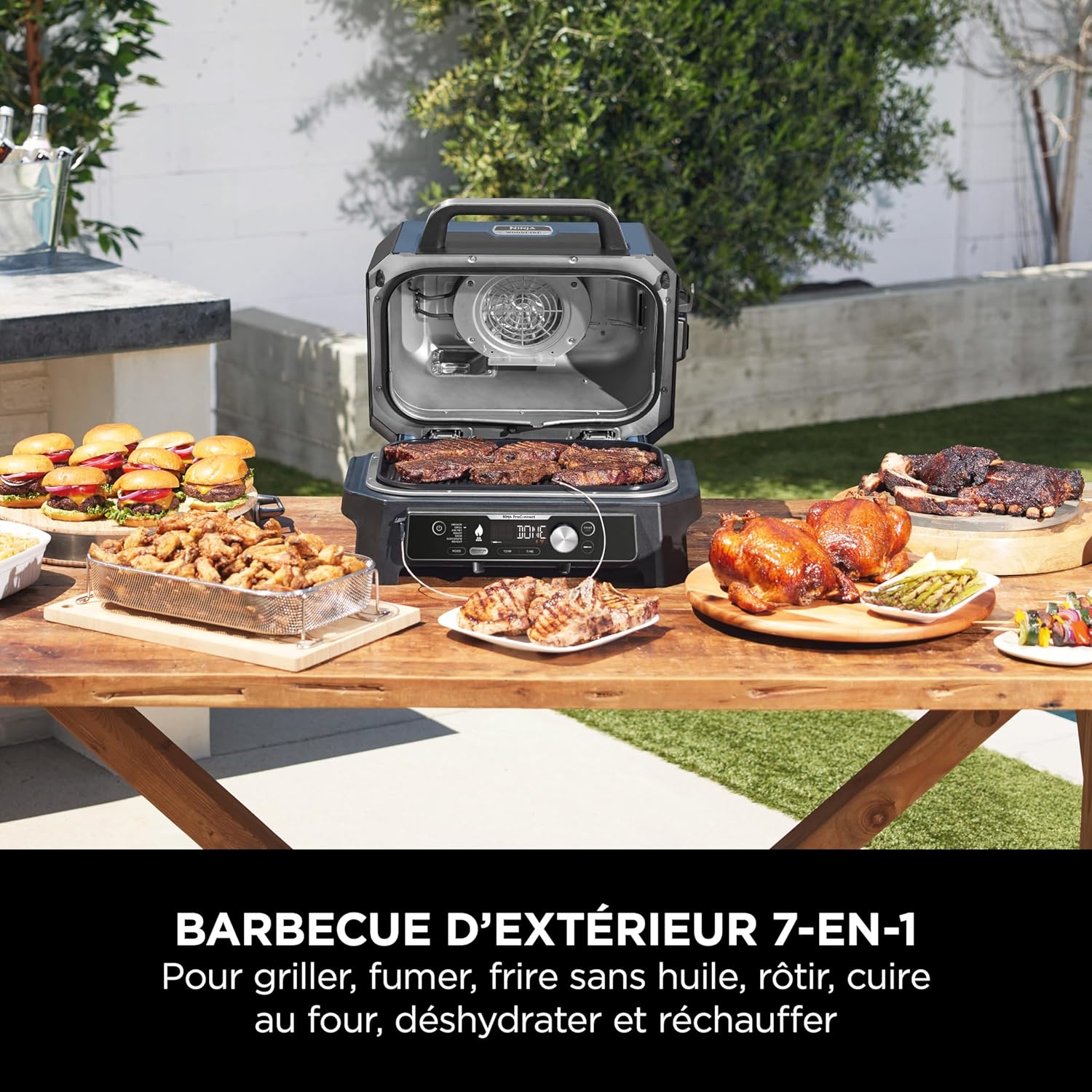 Ninja Woodfire Barbecue électrique et fumoir Pro XL avec thermomètre, barbecue et Air fryer d'extérieur 4-en-1 avec système Smart Cook et granulés Woodfire, portatif, gris/noir, OG850EU