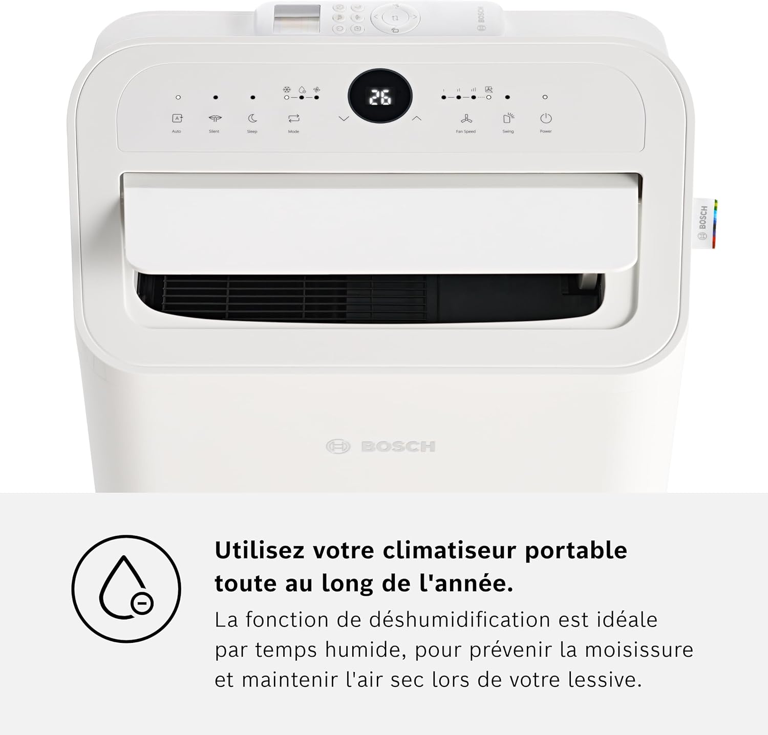 Bosch Cool 2000 Portable AC - 3 en 1 : Climatiseur, Déshumidificateur, Ventilateur - 2,6kW PAC pour les pièces jusqu'à 35m² - Avec Mode Auto, Mode Silencieux & Mode Veille