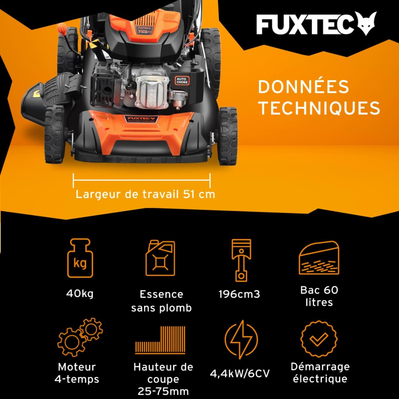 FUXTEC Tondeuse Thermique Autotractée Démarrage Électrique FX-RM5170eS 4en1-170cm3 4CV | 4 Temps | Largeur 51cm, Hauteur De Coupe 7 Positions, Bac 60L, Fonction Mulching, Éjection Latérale