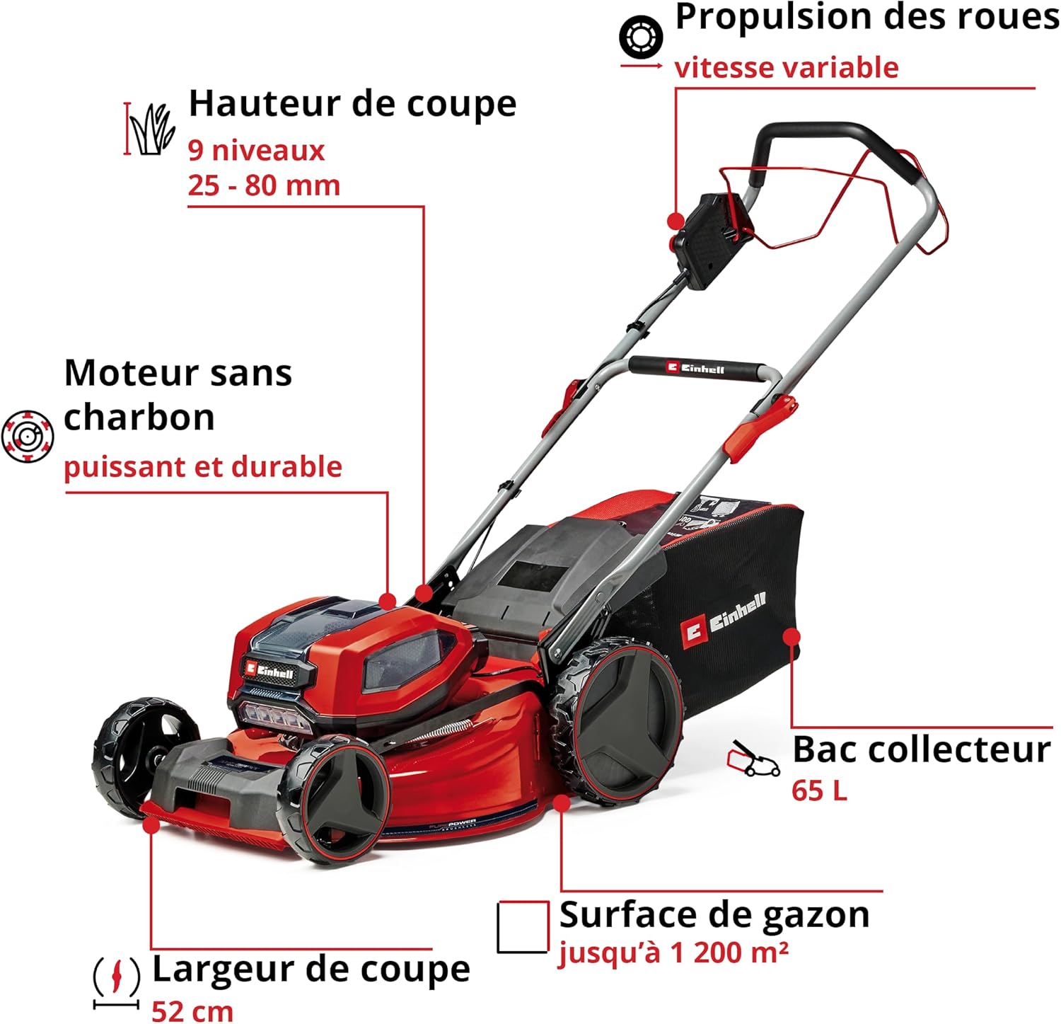 Einhell Professional Tondeuse à gazon sans fil GP-CM 36/47 S HW Li Power X-Change (36V, 47 cm largeur de coupe, autotractée, moteur sans charbon) Livré avec 4 Batteries 4,0Ah et 2 Chargeurs Doubles