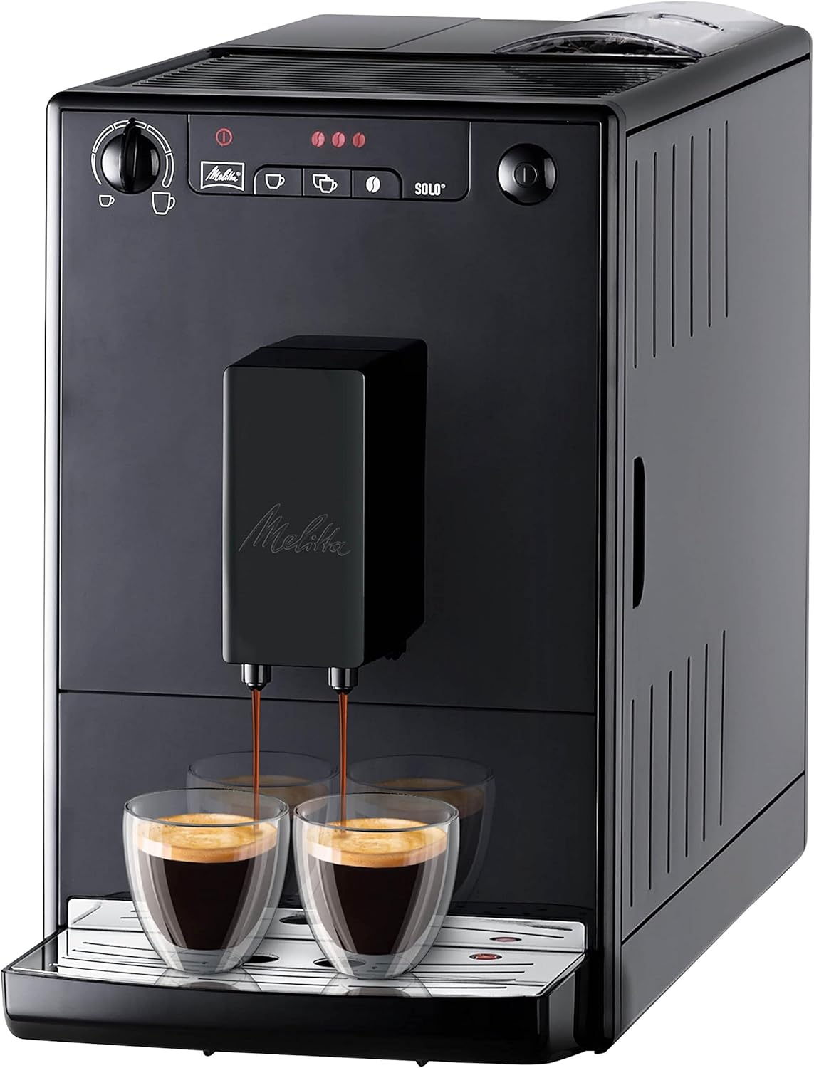 Melitta Caffeo Solo Noir Pure Black, Machine à Café à Grains avec Broyeur et Système d'Extraction des Arômes, Affichage LED, Mode 1 à 2 Tasses, Cafetière Expresso, Automatique, E950-222, 1400W