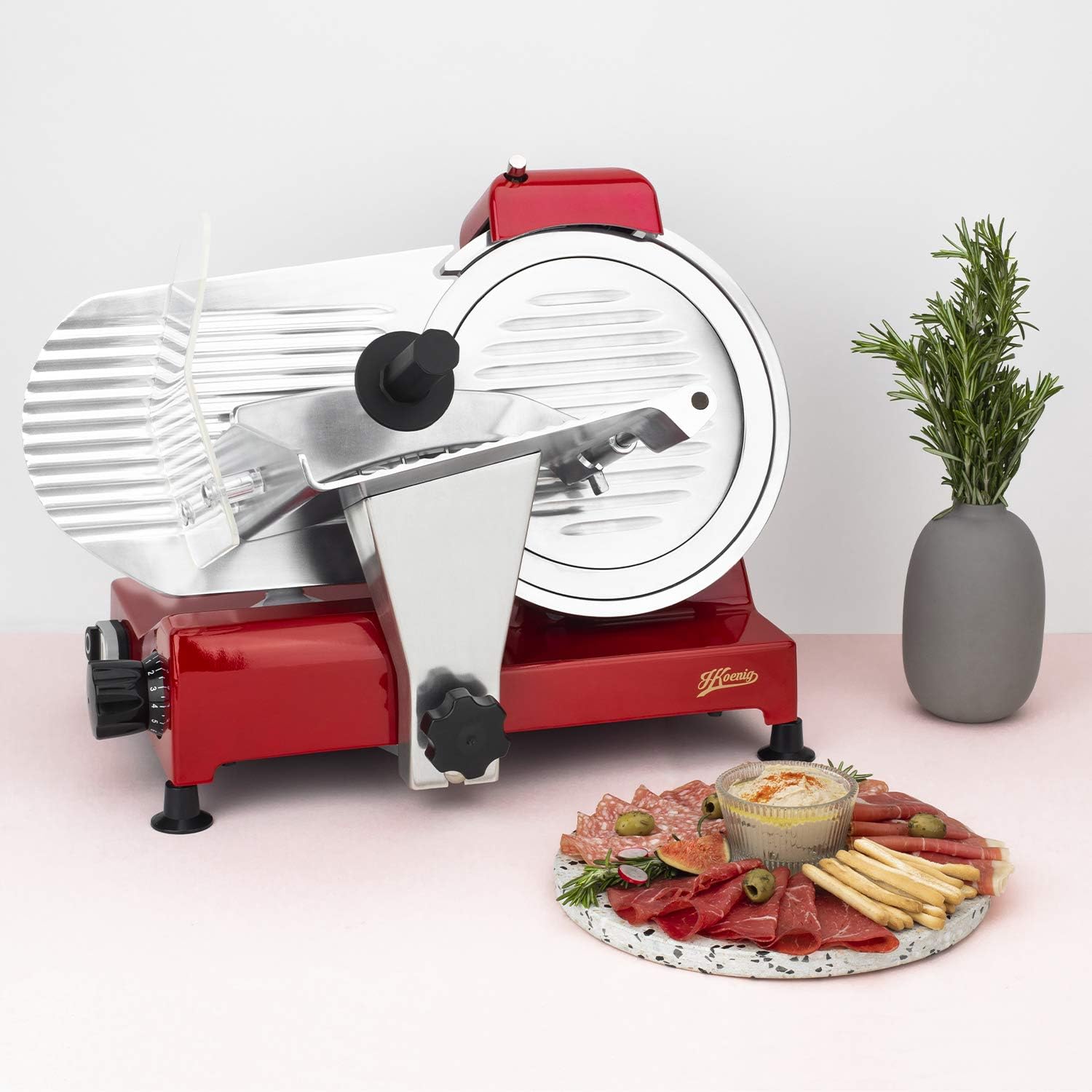 H.Koenig Trancheuse électrique à viande MSX254, charcuterie, professionnelle, précise,coupe 0-12 mm,lame 25 cm,aiguiseur intégré,large plateau,282 rpm, Rouge