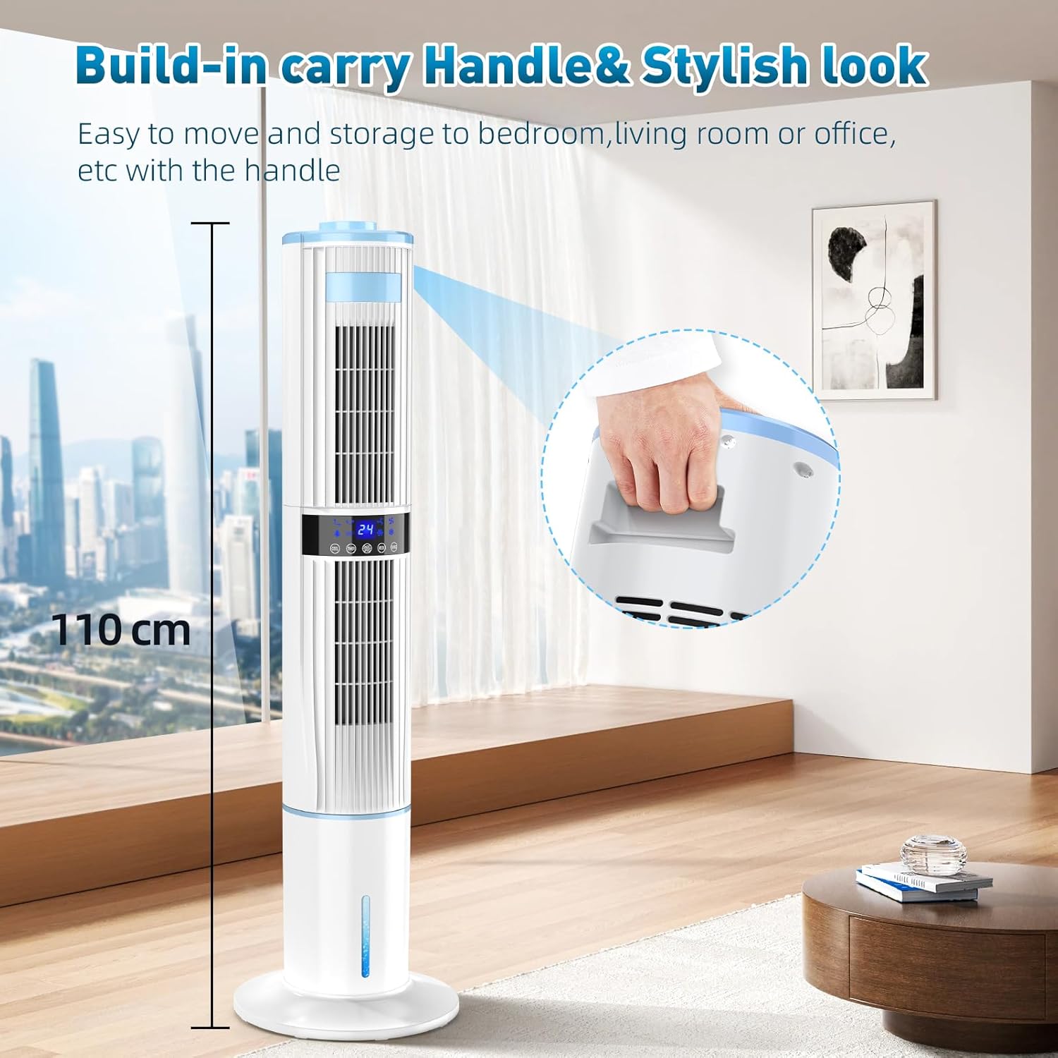 Climatiseur Mobile Silencieux Rafraîchisseur d'air avec Humidificateur, Ventilateur, 2 Sortie d'air, 360°Oscillation, 65W, 24H Minuteries, 3 Vitesses, 4 Modes,Télécommande pour Chambre Bureau