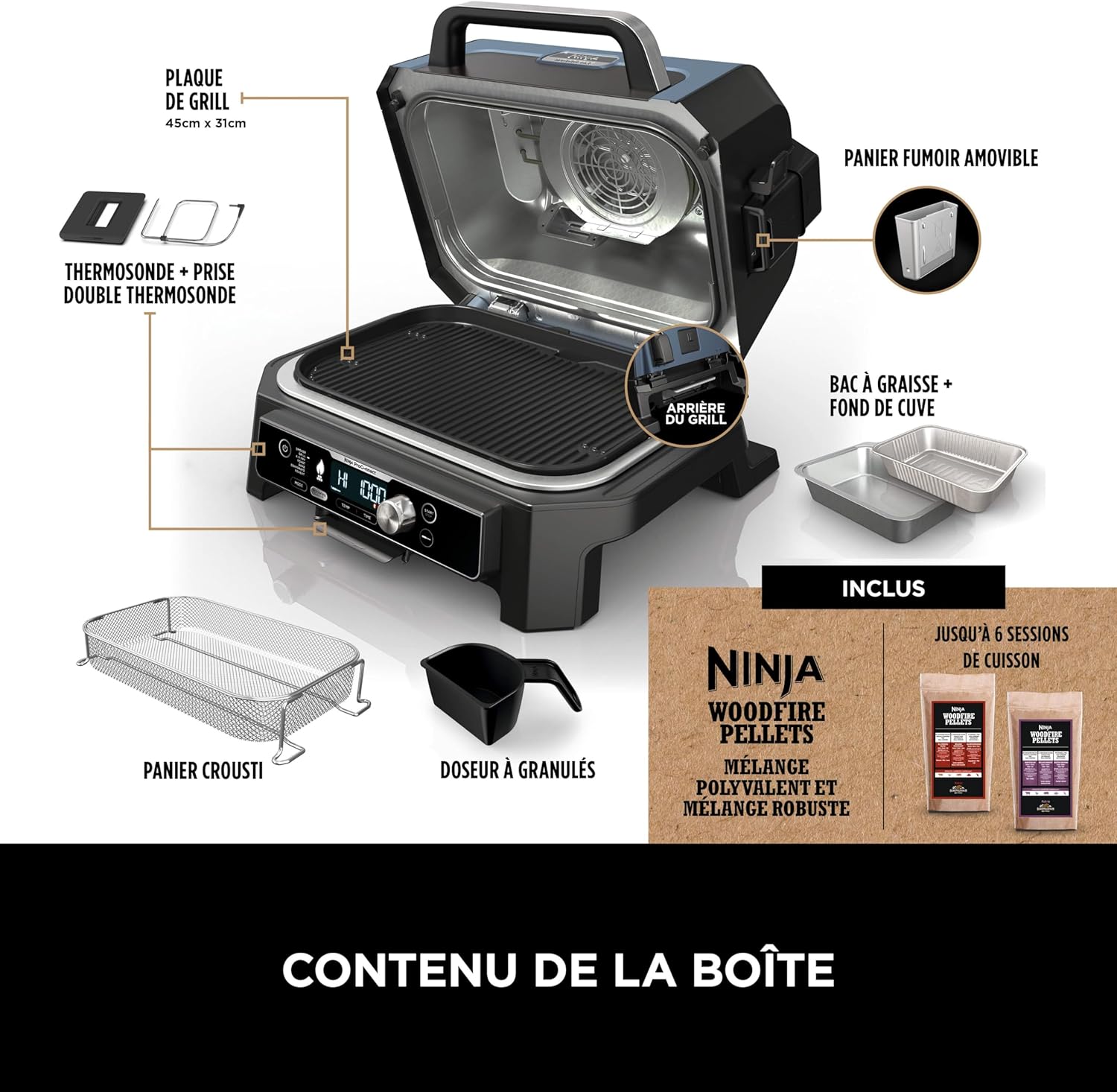 Ninja Woodfire Barbecue électrique et fumoir Pro XL avec thermomètre, barbecue et Air fryer d'extérieur 4-en-1 avec système Smart Cook et granulés Woodfire, portatif, gris/noir, OG850EU