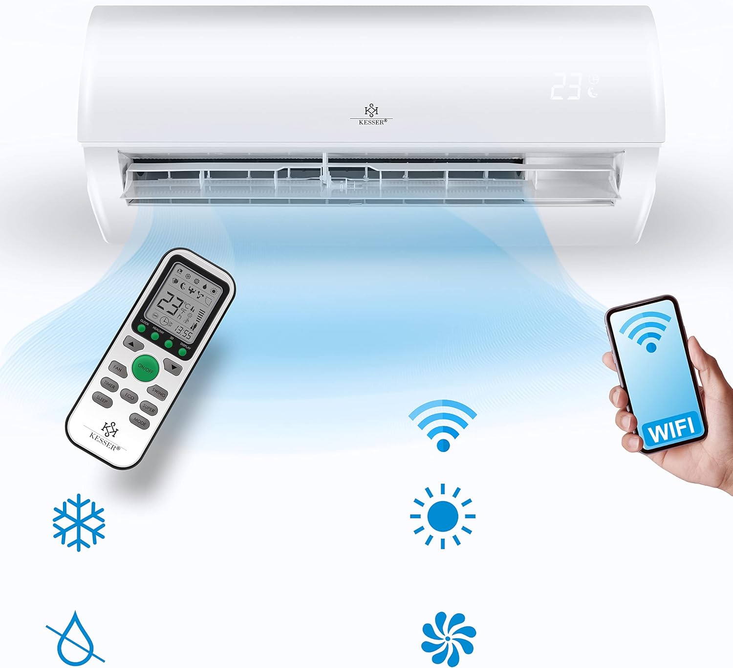 KESSER® Climatisation SET réversible - Climatiseur avec fonction WiFi/Application - Refroidissement A++/ Chauffage A+, Fluide réfrigérant R32 - Écran LCD, Split 12000 BTU/h / 3400 Watt - Anthrazit