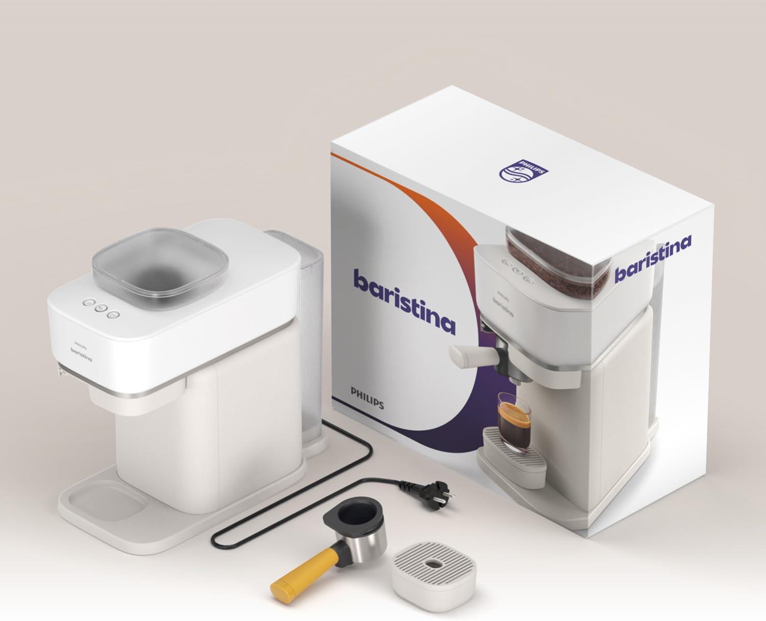 Philips Baristina Machine à expresso - Un véritable expresso, en toute simplicité - Compacte - 16 bars de pression - Broyeur intégré - Machine blanche avec porte-filtre blanc (BAR300/00)