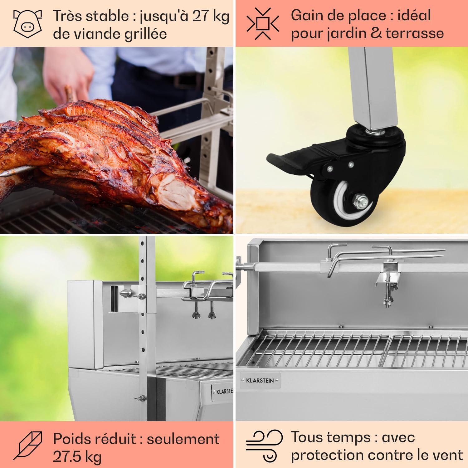 Klarstein Tourne Broche Mechoui Electrique, Rotisserie et Gril de Barbecue, Grande Broche Cochon de Lait, Tourne Broche Barbecue Rotissoire, Bbq Grill Barbecue 12W avec 3 Pieds en Acier Inoxydable