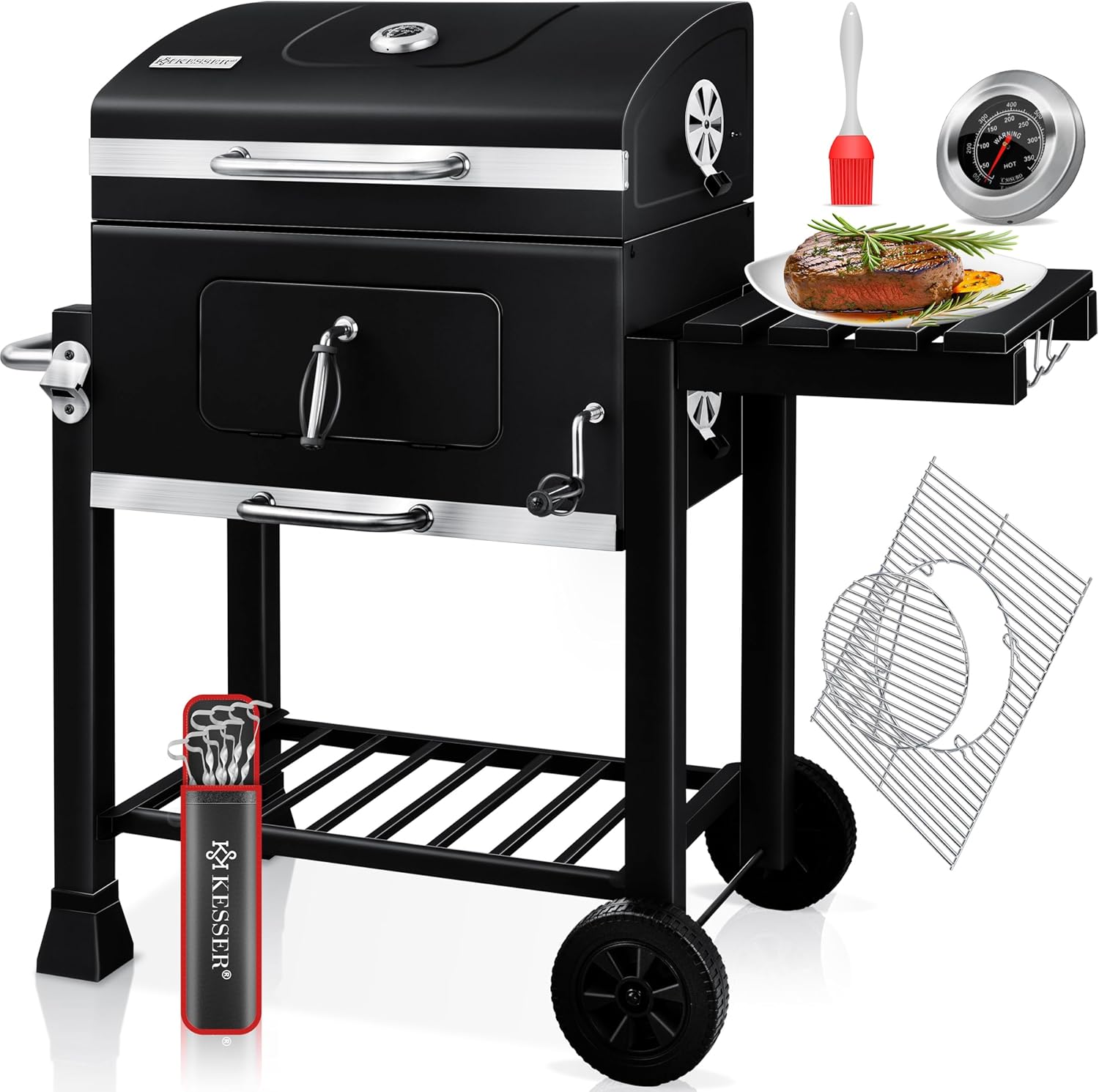 KESSER® Chariot à Barbecue | Grill XL à Charbon de Bois avec Couvercle, Roues, poignée en Acier Inoxydable, Grille et thermomètre | Grand Barbecue au Charbon de Bois
