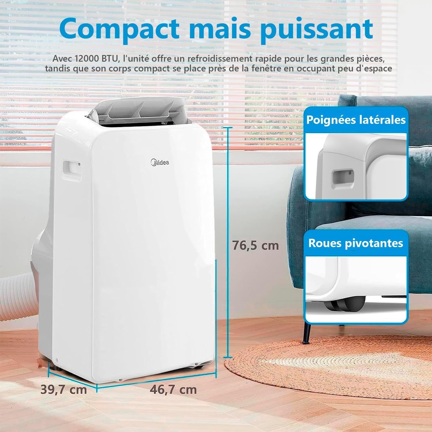 MIDEA Climatiseur PortaSplit Mobile Silencieux 4-in-1| 12000 BTU | Chauffage et Climatisation Portable Prêt à Poser 3,5kW- Clim Mobile avec rafraîchisseur, déshumidificateur, chauffage,ventilateur