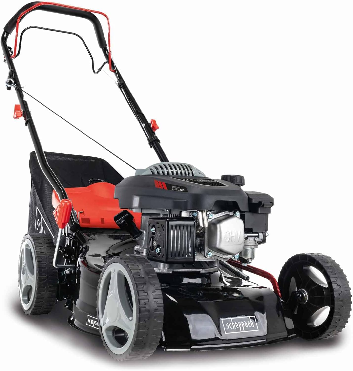 Scheppach Tondeuse à Gazon Thermique MS150-42 | Autotractée - 3,7 CV | Largeur de Coupe 42cm | Raccord Rapide de Nettoyage | Panier 45L | Hauteur - 7 Niveaux | Lame supp. + Huile Incluse