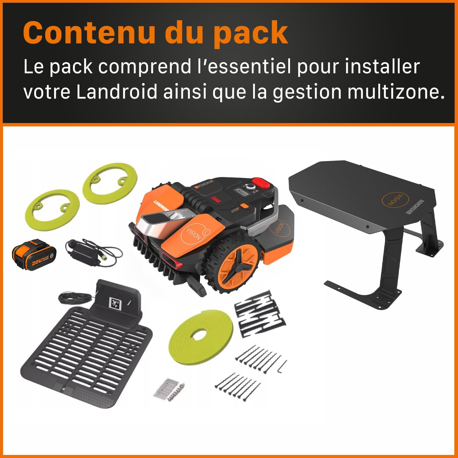WORX LANDROID Vision WR206E.1, Robot Tondeuse sans Fil périphérique 600 m² Surf.Max 700 m², Installation en 30 Min, Caméra 4K + IA Adaptative, évite Tous Les Obstacles, Coupe des Bordures, Multizone