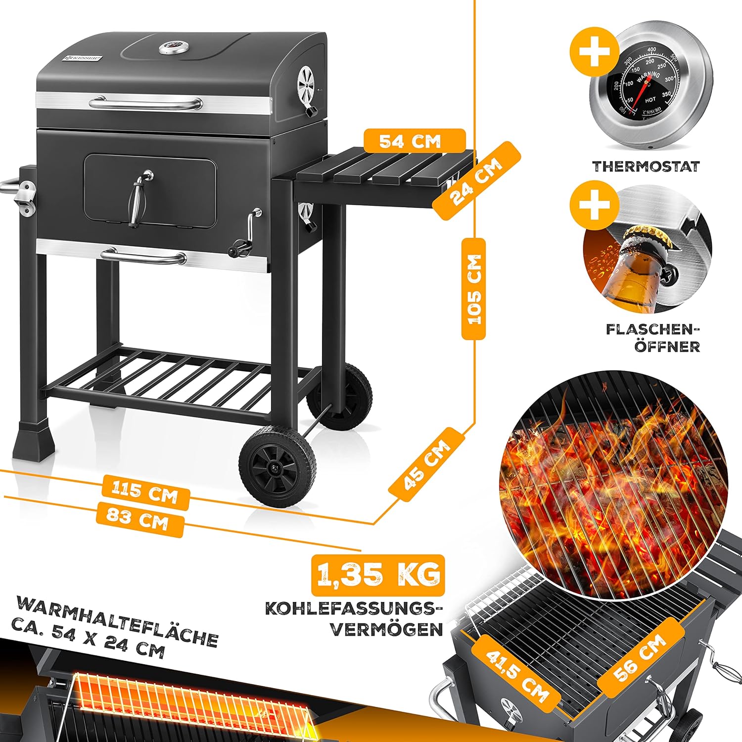 KESSER® Chariot à Barbecue | Grill XL à Charbon de Bois avec Couvercle, Roues, poignée en Acier Inoxydable, Grille et thermomètre | Grand Barbecue au Charbon de Bois
