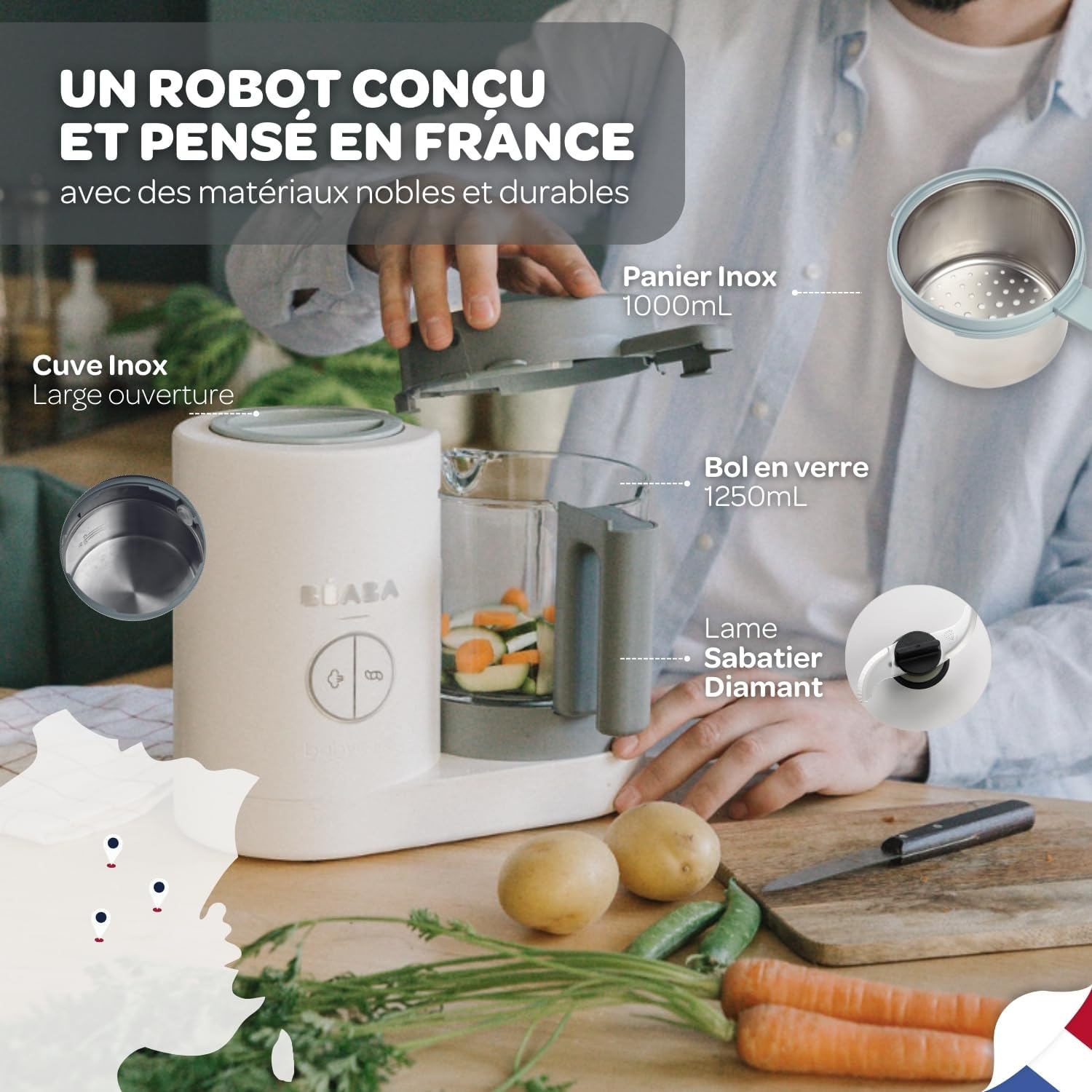 BÉABA, Babycook Néo, Mixeur Cuiseur Vapeur 6 en 1, Robot Bebe Fabriqué en France, Bol en Verre, Cuve Inox, Grande contenance, Diversification alimentaire, Petits pots bébé maison, Rapide, Eucalyptus