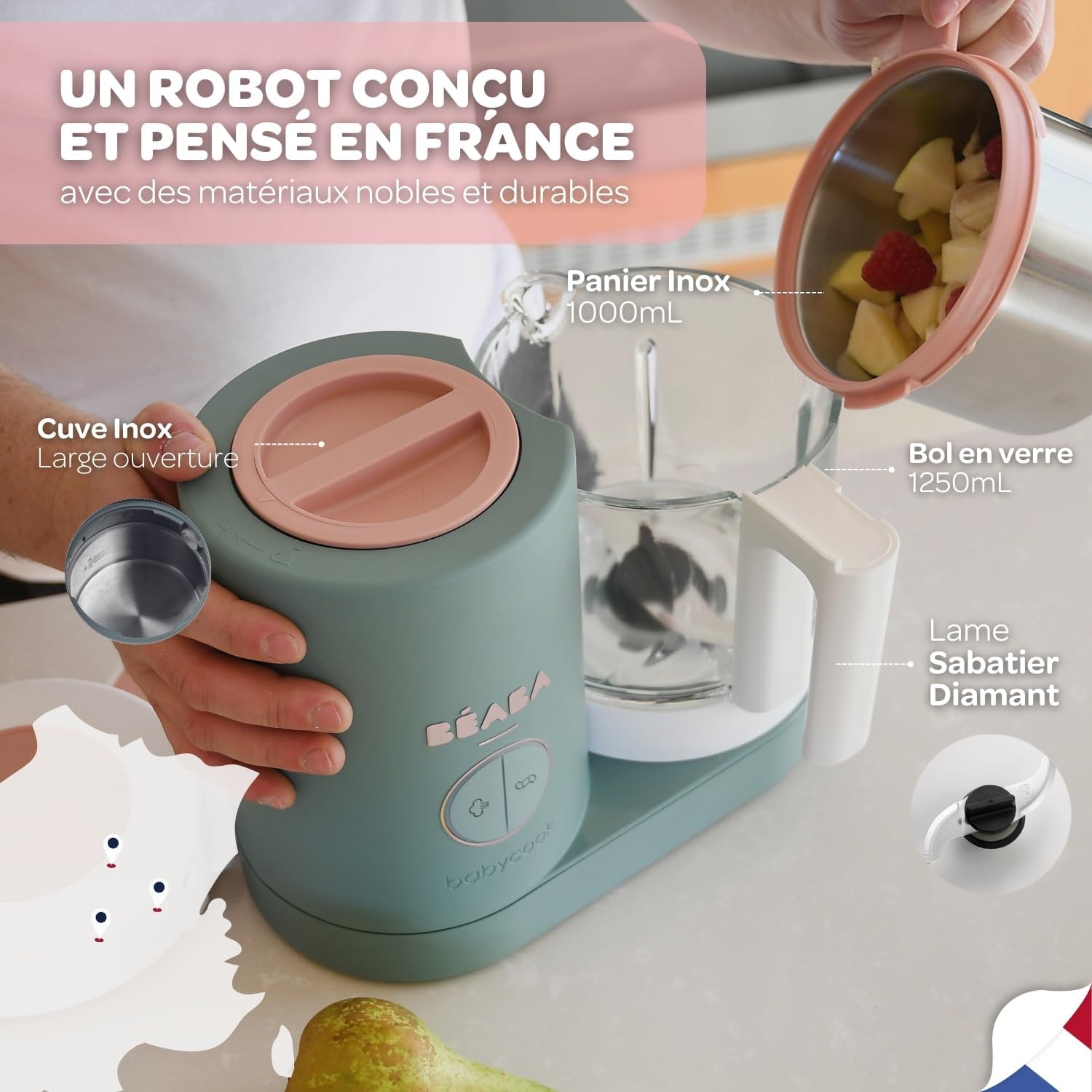 BÉABA, Babycook Néo, Mixeur Cuiseur Vapeur 6 en 1, Robot Bebe Fabriqué en France, Bol en Verre, Cuve Inox, Grande contenance, Diversification alimentaire, Petits pots bébé maison, Rapide, Eucalyptus