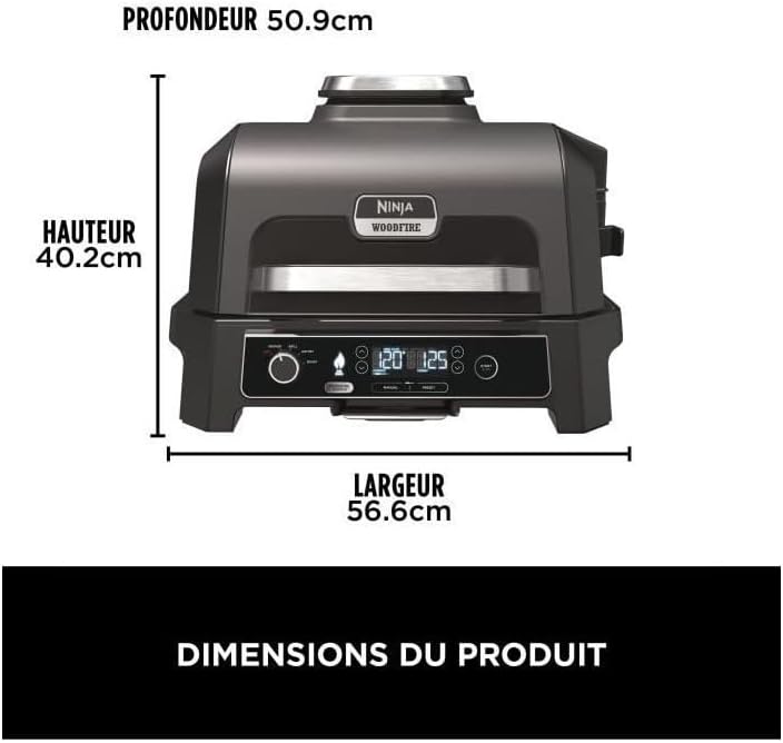 Ninja Woodfire Barbecue électrique et fumoir Pro XL avec thermomètre, barbecue et Air fryer d'extérieur 4-en-1 avec système Smart Cook et granulés Woodfire, portatif, gris/noir, OG850EU